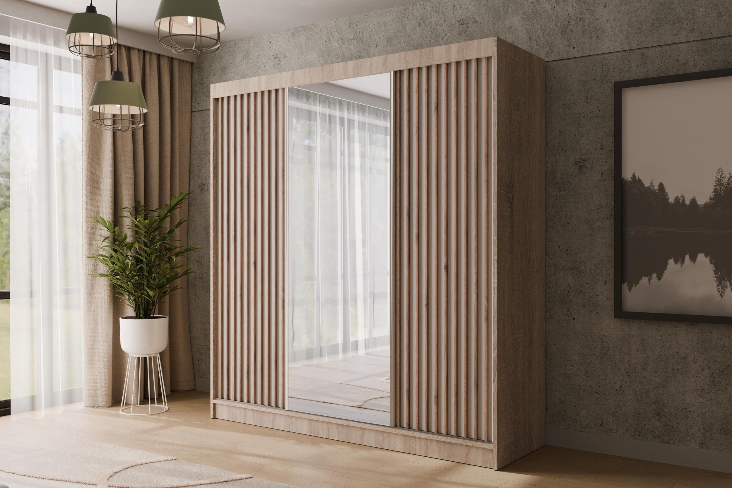 ALTDECOR Schiebetürenschrank V2-ZENTI (Kleiderschrank Garderobenschrank mit viel Stauraum Moderner Schrank) Spiegel Spiegeltüren Lamellen Vielseitiger Schwebetürenschrank