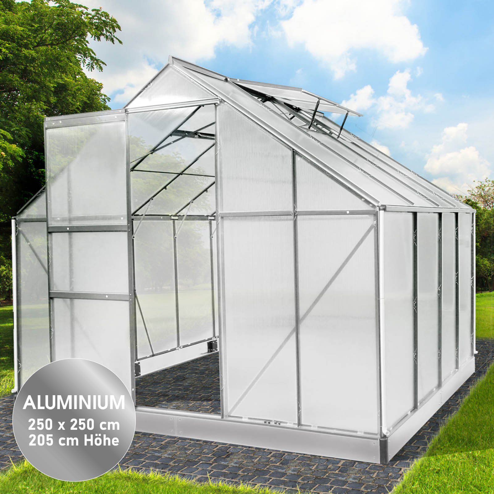 BRAST Gewächshaus ALU mit Fundament rostfrei 250x250x205cm TÜV geprüft, wetterfestes hochwertiges Aluminium