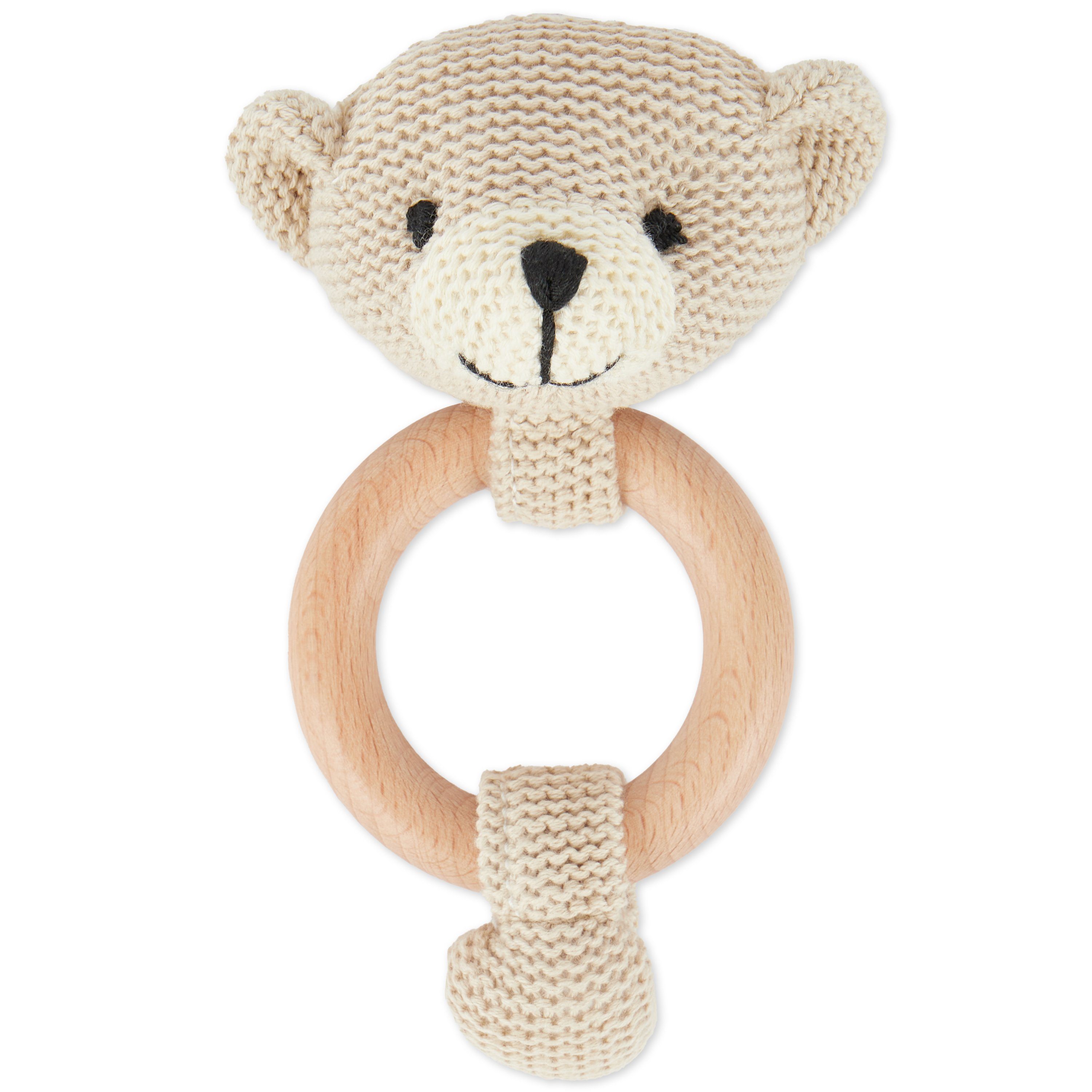 BIECO Greifspielzeug Bieco Greifling Baby Rassel Ø 8cm, Länge 14cm Niedliche Bär Häkel Rassel mit Holz Ring Baby Greifling Rassel für Junge & Mädchen Bärchen Greifling Gehäkelt mit Rassel Greifringe Baby