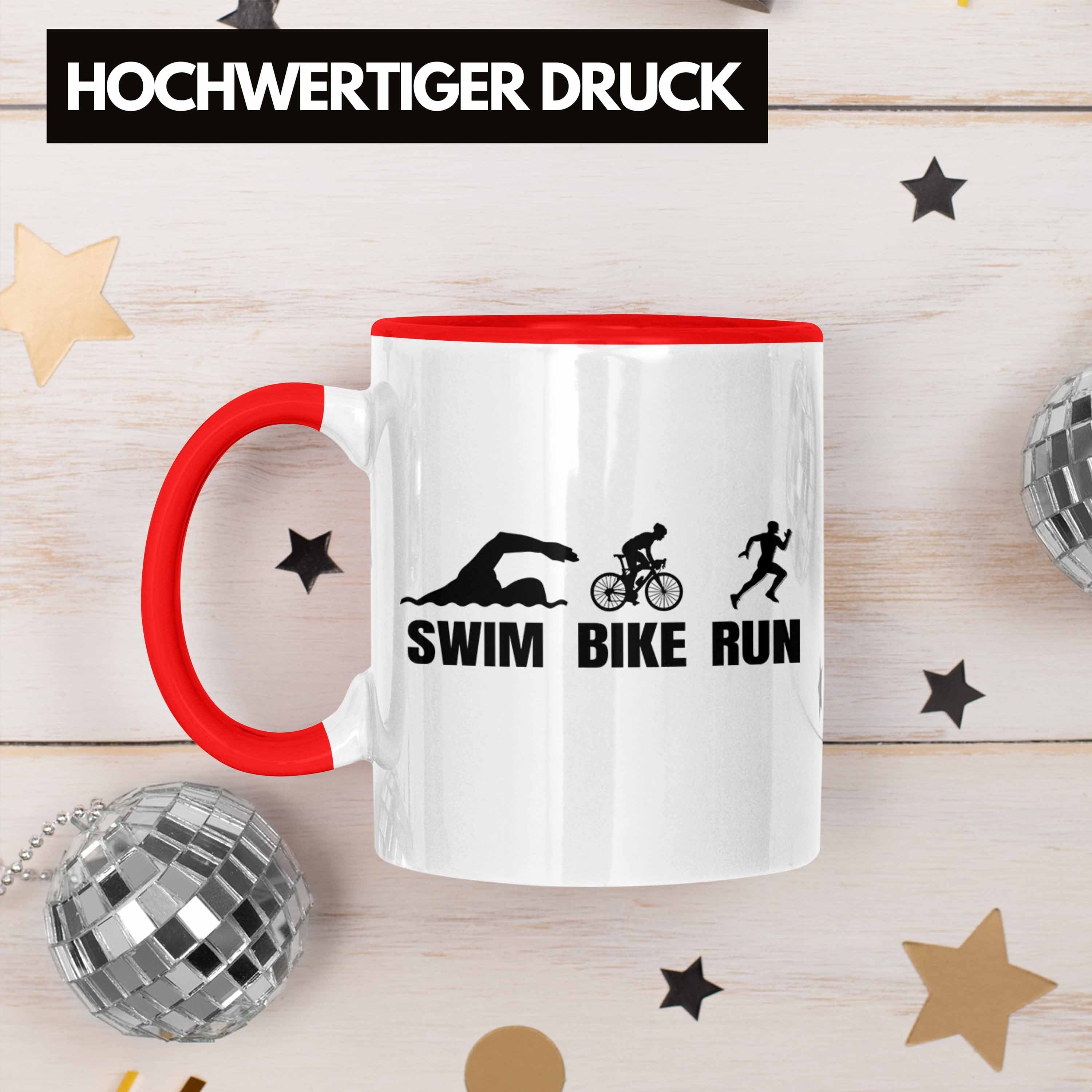 Geschenkidee für Geschenk Swim Tasse Sportl Rot Triathlon Spruch Trendation Bike Run Tasse