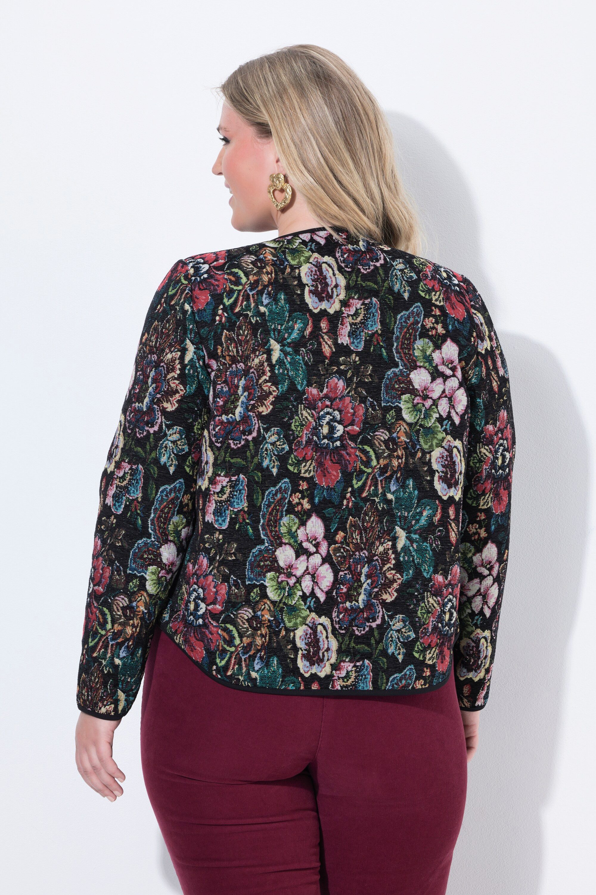 Ulla Popken Kurzjacke Jacquardjacke Blüten Piping Rundhals Langarm