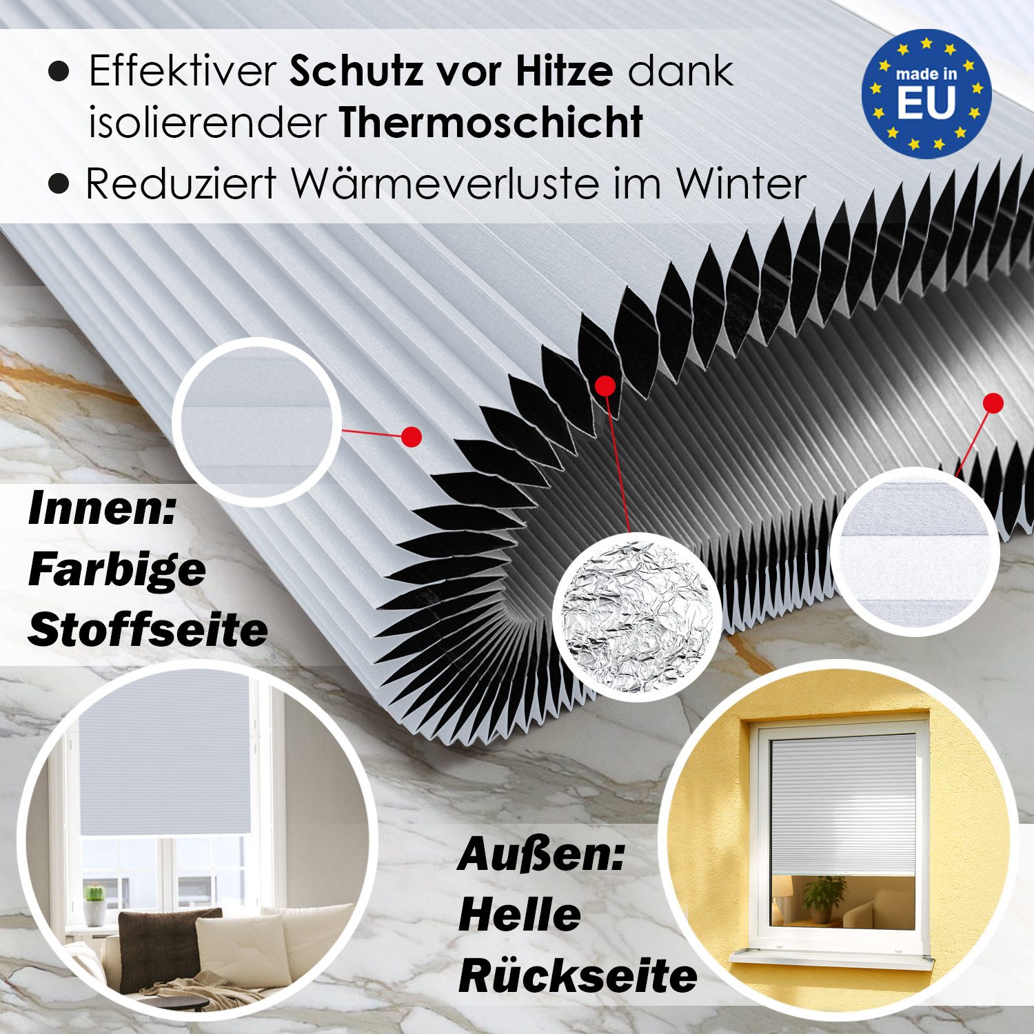 DomDeco Wabenplissee Thermo Plissee ohne Bohren - Hitzeschutz, Verdunkelung, verspannt, abdunkelnd, Klemmfix, stufenlos, kälteschutz, modernes Fensterplissee