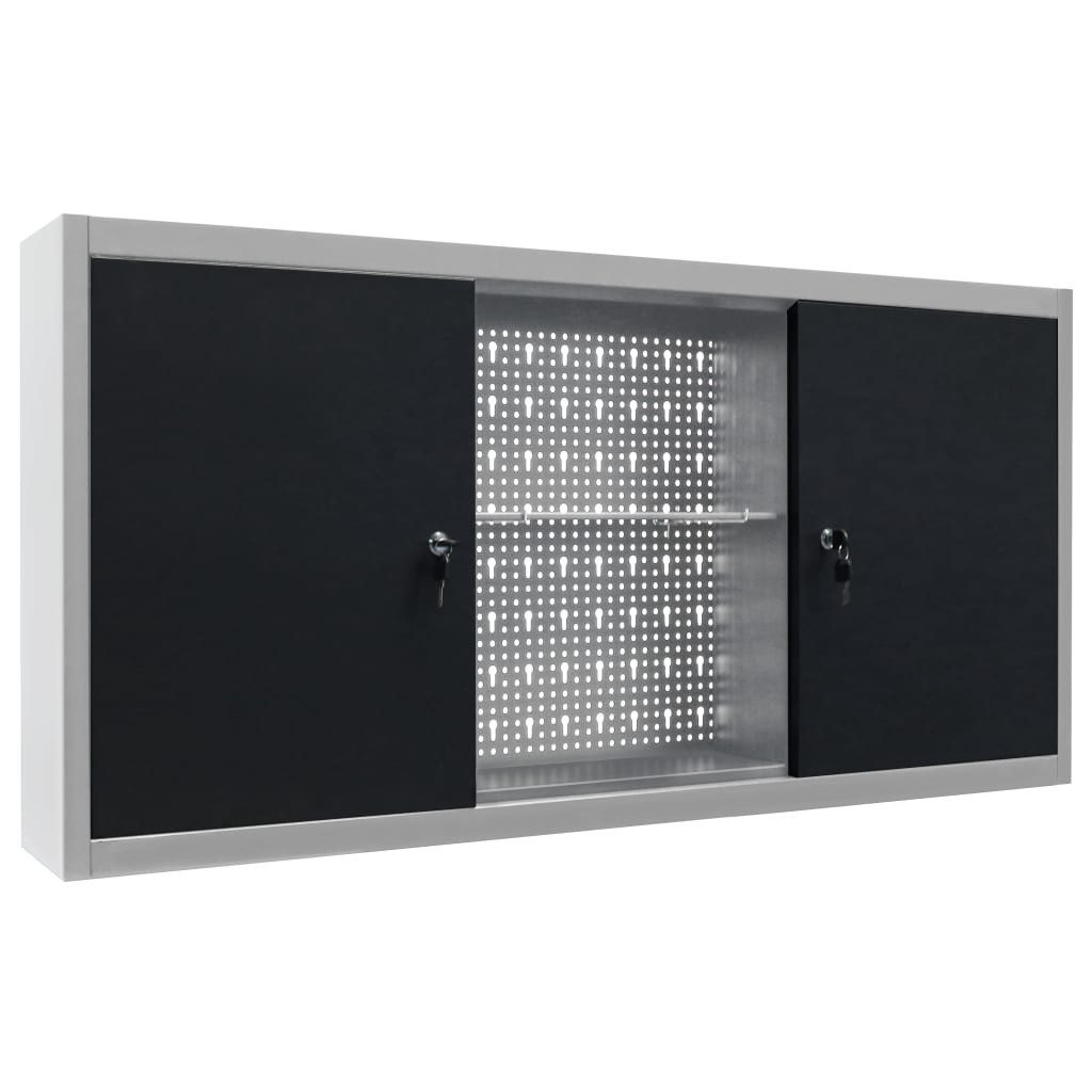 furnicato Werkzeugschrank 120x19x60 cm Grau Schwarz mit verstellbaren Fachböden (1-St) Abschließbare Werkzeugwand mit Lochplatte und 3 verstellbaren Böden