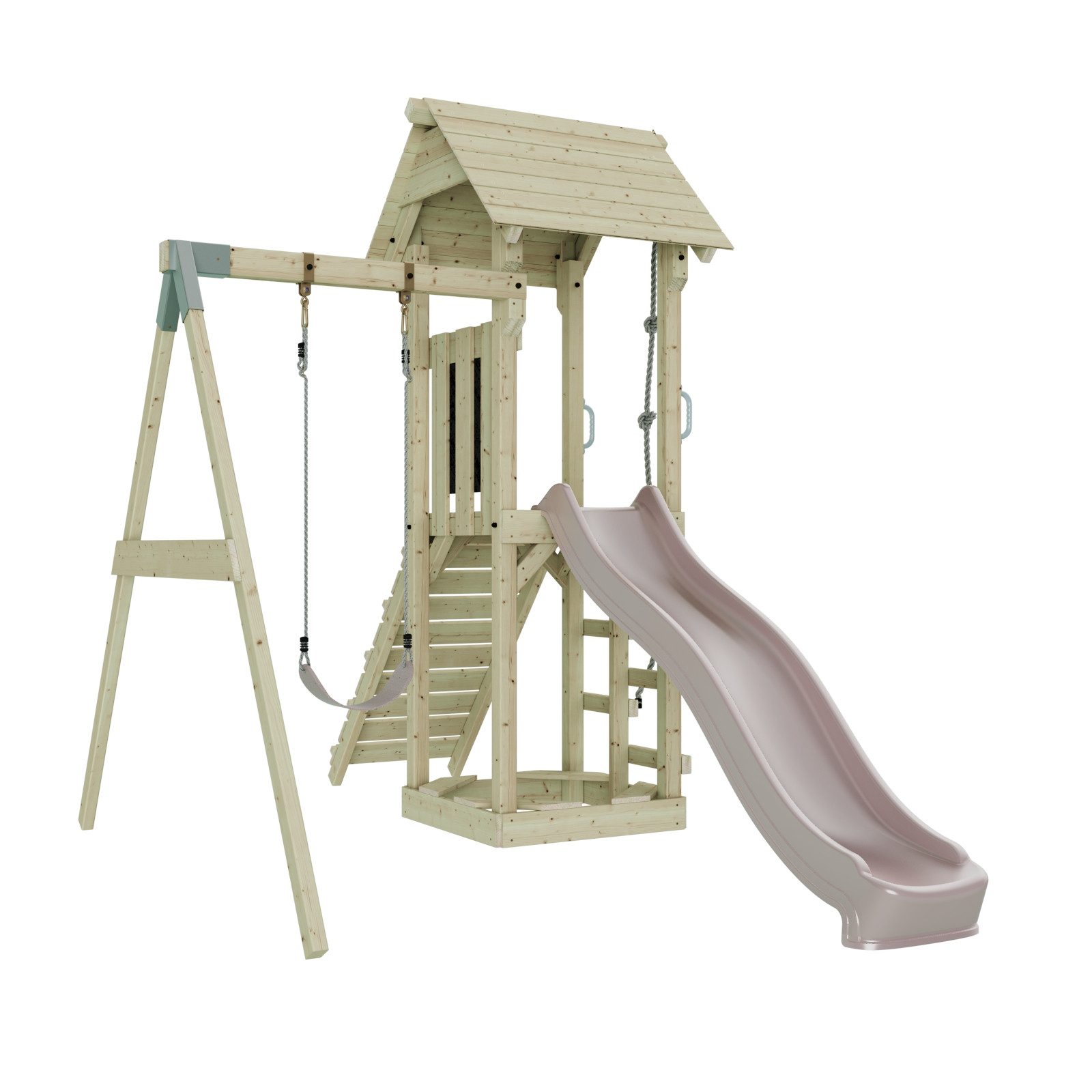 OutdoorToys Spielturm Göteborg, aus Holz in Altrosa mit Kinderschaukel & Rutsche