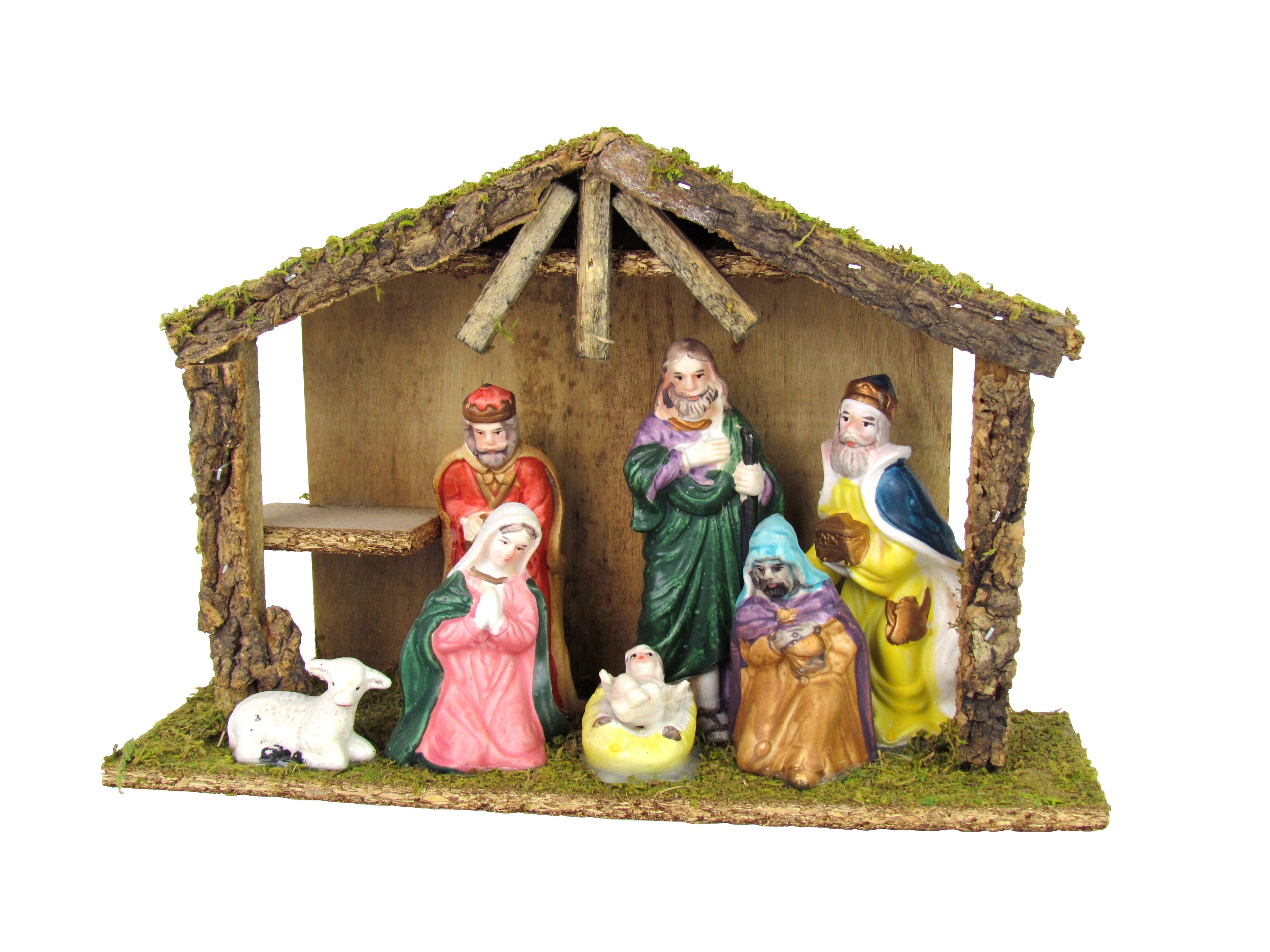 Haushalt International Krippe XL Weihnachtskrippe aus Holz mit 7 Фигурки aus Porzellan - 30x10x21cm
