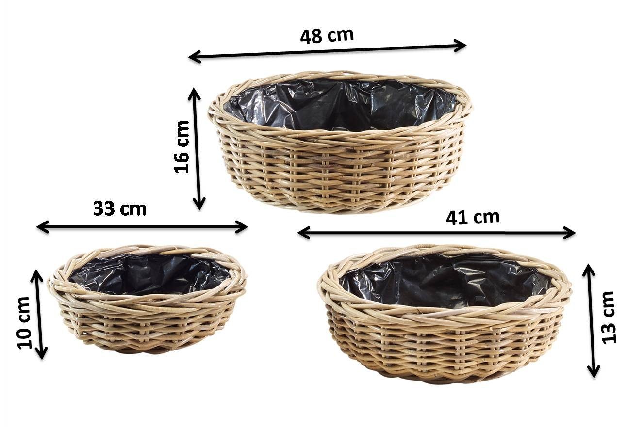 Kobolo Pflanzkübel Pflanzschale rund - Rattan grey mit Folie 3-er Set (3 verschiedene Größen)