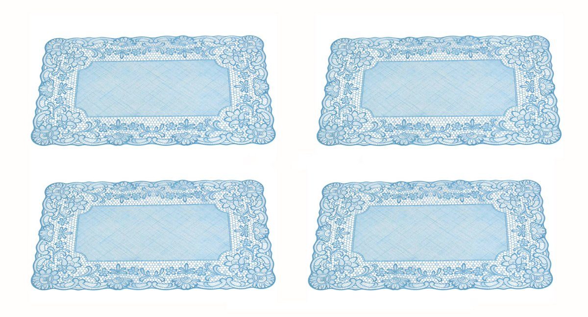 Platzset, 4er SET Platzset Platzsets Tischset Tischsets Shabby Tischdeko Hochzeit edel modern Design Rose Rosen Spitze Barock Platzmatte Tischmatte Ornament Spitze blau floral Muster Platzdeckchen abwischbar abwaschbar Platzdecke, LB H&F Lilienburg