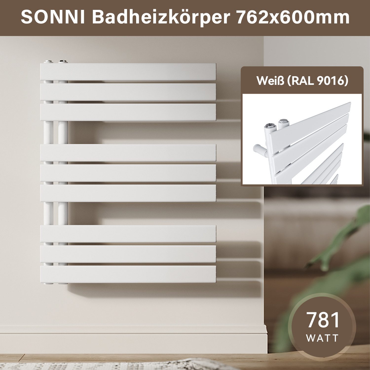 SONNI Badheizkörper Badheizkörper Weiß Heizkörper Design Handtuchtrockner Bad Warmwasser, ohne/mit Multiblock, flach, Mittelanschluss seitlich