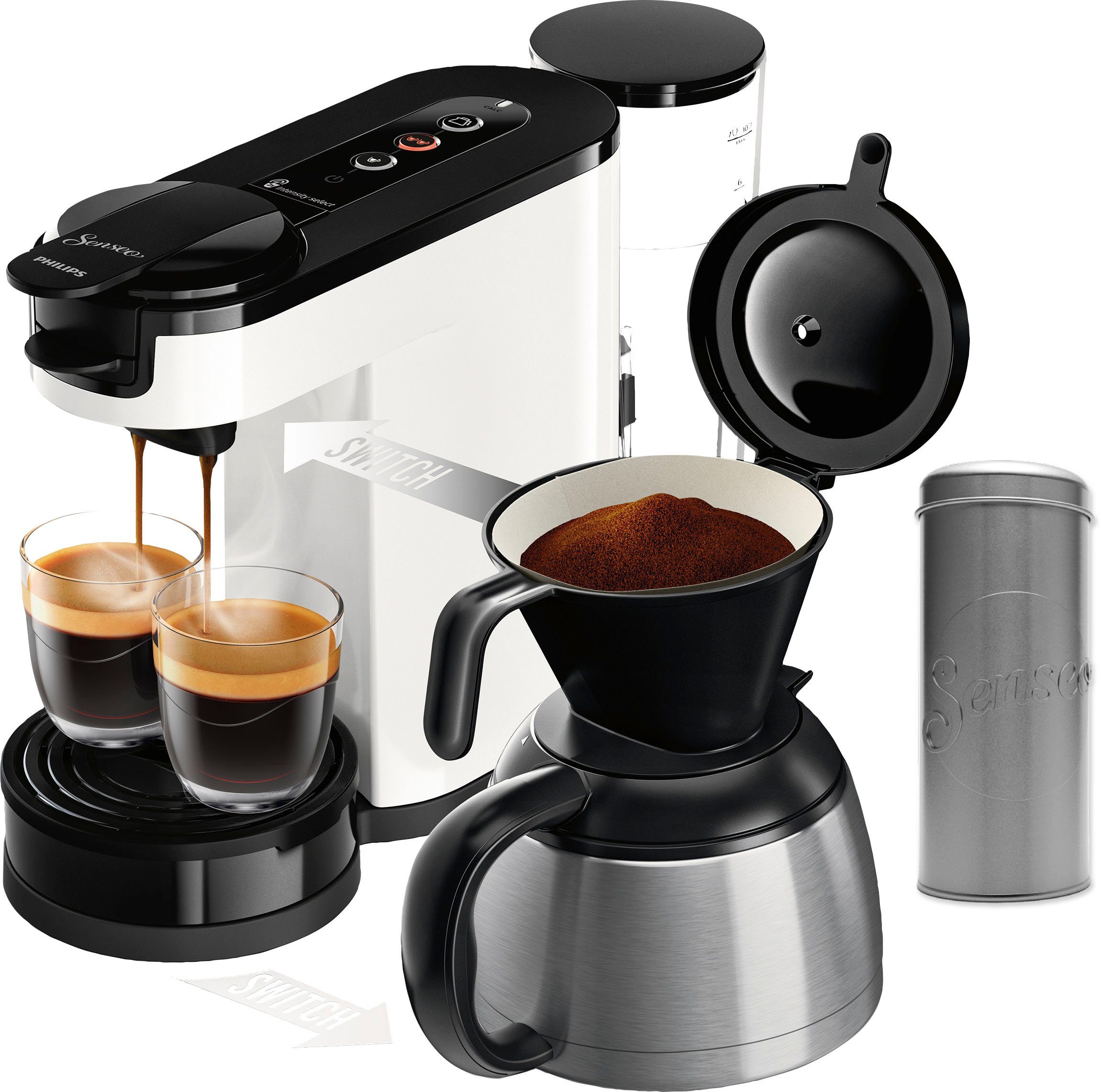 Philips Senseo Kaffeepadmaschine Switch HD6592/04, 1l Kaffeekanne, inkl. Kaffeepaddose im Wert von 9,90 € UVP | Kaffeepadmaschinen