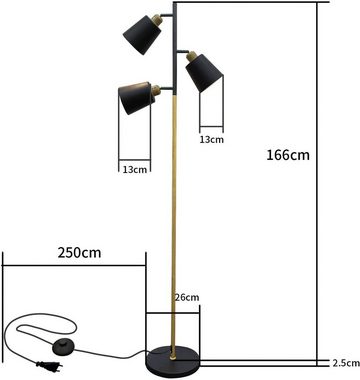 Nettlife Stehlampe E27 3 flammig Schwarz Metall Stehleuchte Holzfarbe H166cm max.25W, schwenkbar, Mit elektrischem Kabel