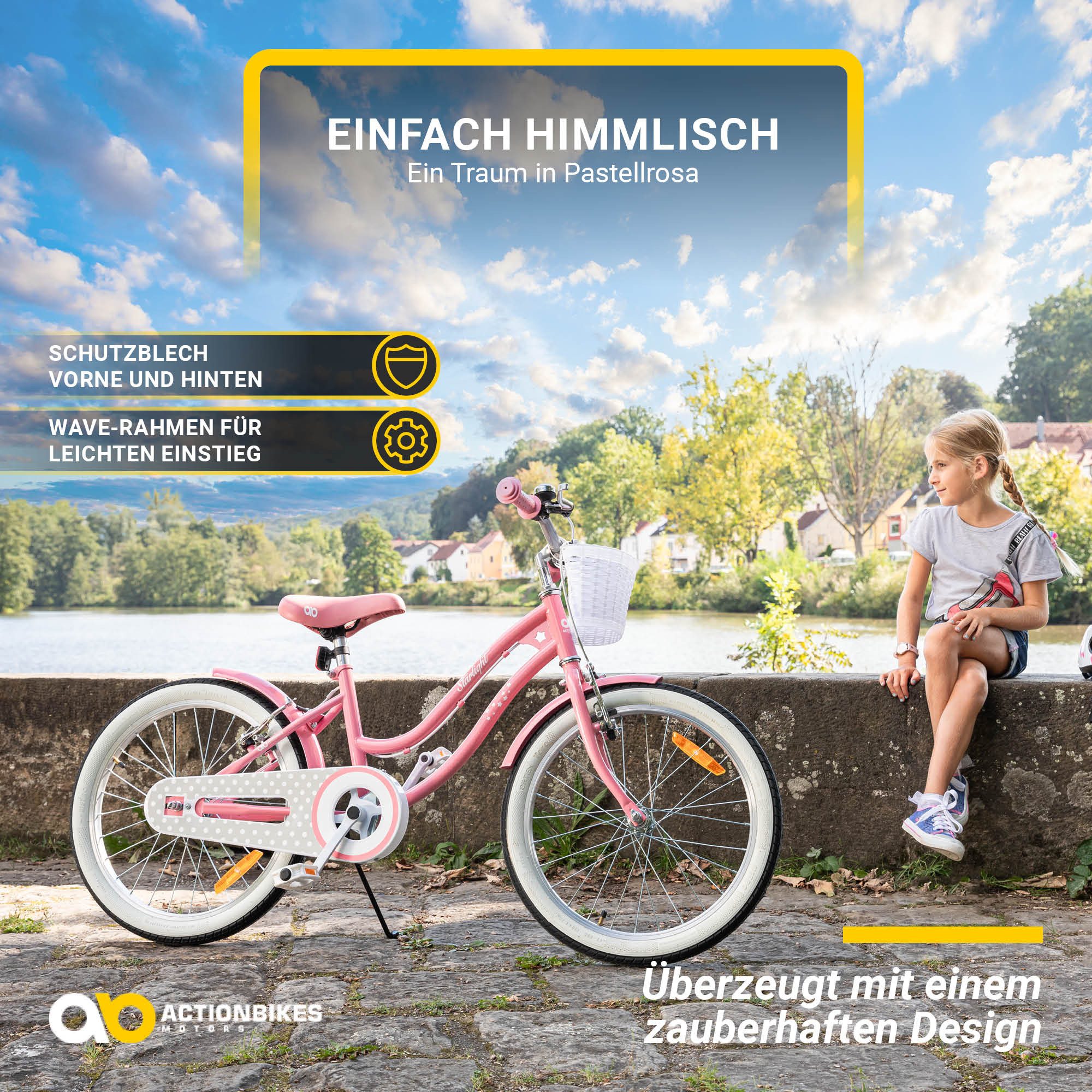 Actionbikes Motors Kinderfahrrad Starlight inkl. Fahrradkorb, 1 Gang, (Kinder Fahrrad, Fahrrad für Kinder, Fahrrad ab 6 Jahre, Fahrrad mit Ständer, 20 Zoll, 16 Zoll & 12 Zoll), höhenverstellbares Bike Mädchen Rad Kinderrad ab 6 Jahre