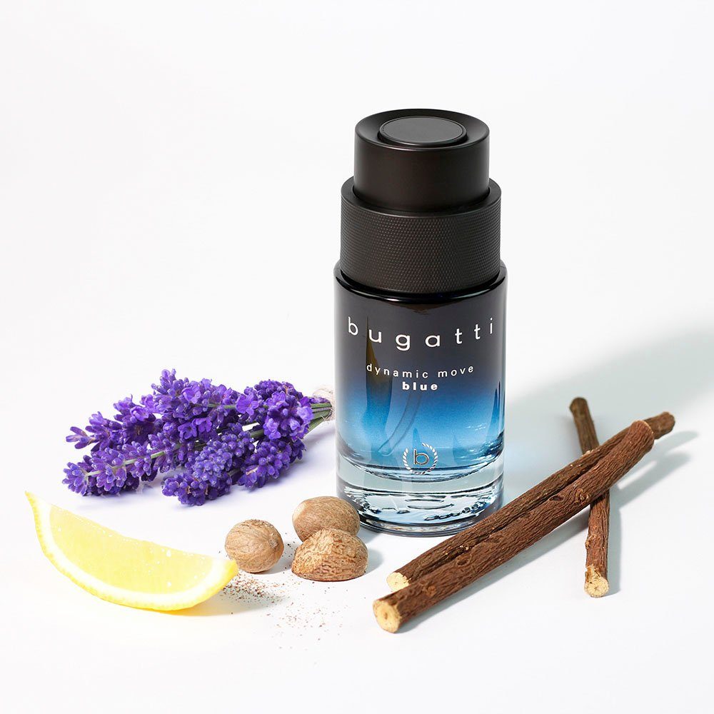 bugatti Eau de Toilette Dynamic Move Blue EdT 100ml, Zitrischer Herrenduft mit Muskatnuss, aquatischer Note und Amber.