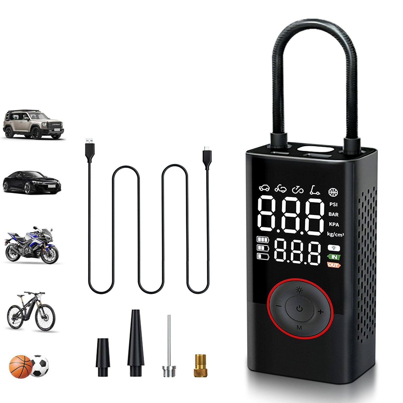 FANNOU Akku-Luftpumpe Digitale Elektrische Luftpumpe mit Druckvoreinstellung, Wiederaufladbar, Luftpumpe für E-bike, Auto, Fahrrad, Motorrad, Bälle