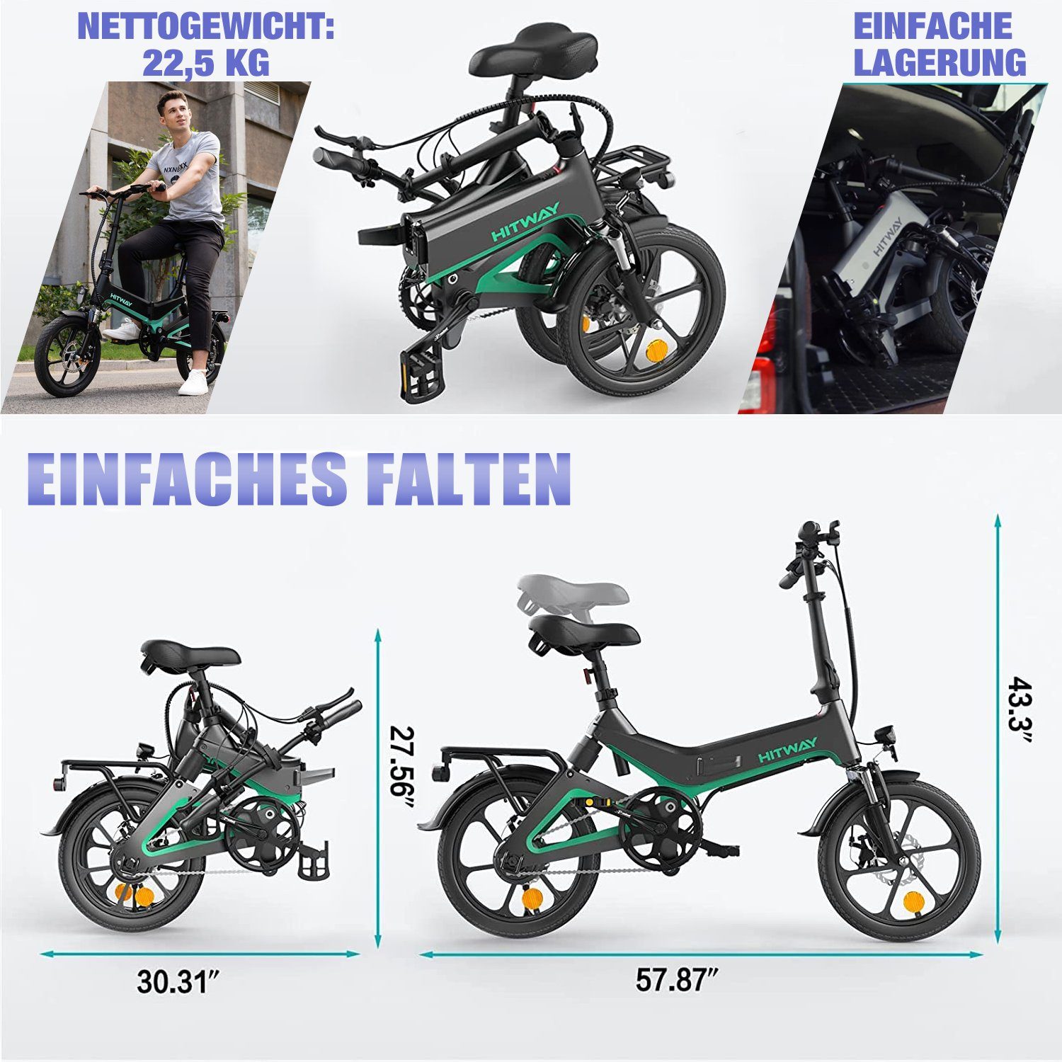 36V/7.8Ah 250W Klappräder 16" Elektrofahrrad E-Bike, 35-70km HITWAY Schwarz