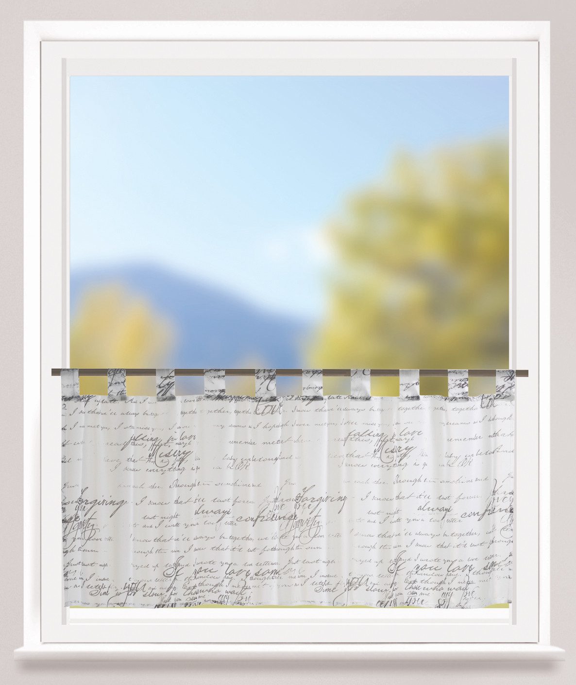 ELBERSDRUCKE Scheibengardine Bistrogardine mit Schlaufen Loveletter weiß-schwarz 48 x 140 cm (1 St), Schlaufen, halbtransparent, Polyester, modern, Text, Sichts – Bild 4 von 4