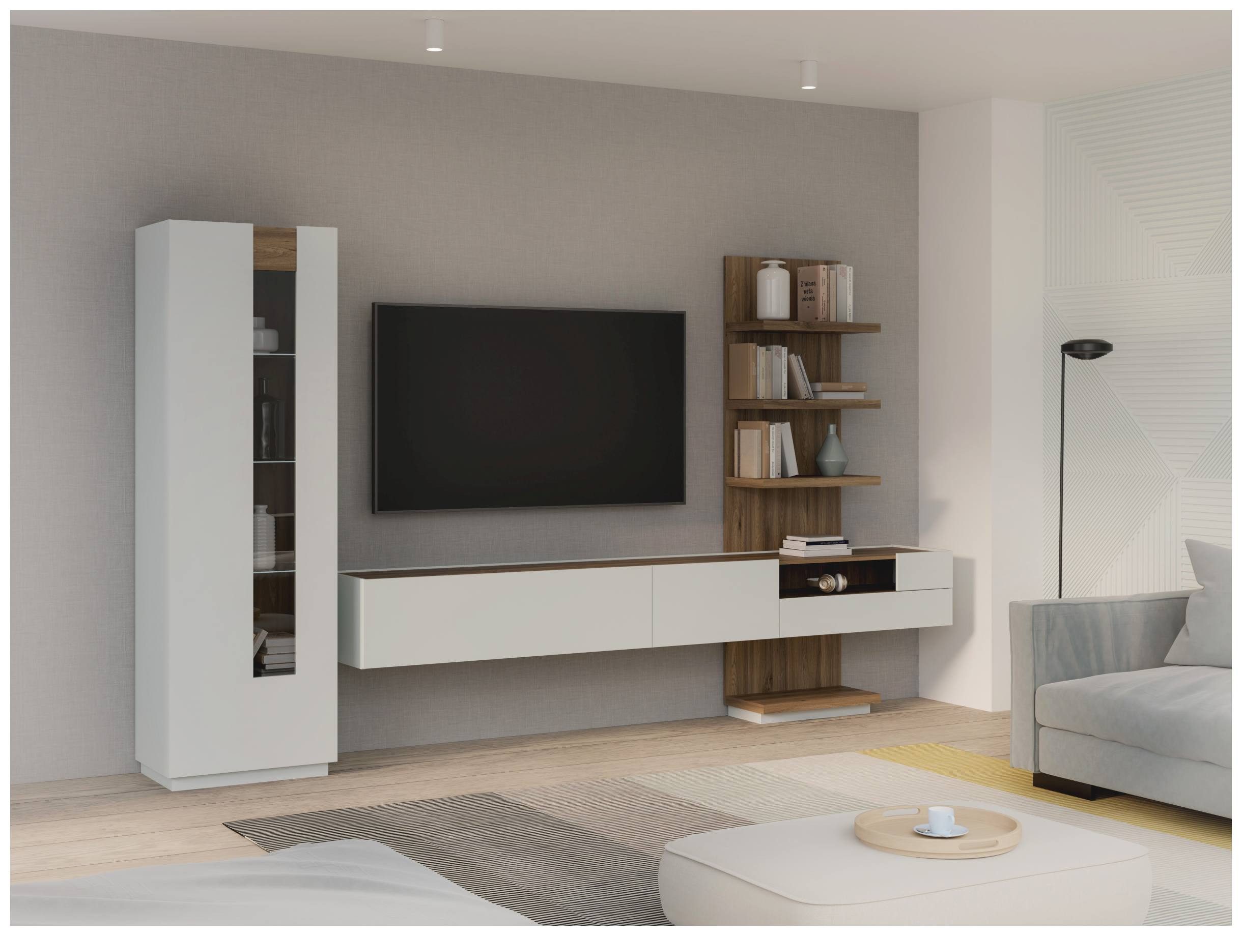FORTE Wohnwand Wohnwand LEWISVILLE 4-tlg. mit hängendem Lowboard von Forte, (Komplett-Set, 4-St., Vitrine, Lowboard, Wandboard und Regal-Bodenelement)