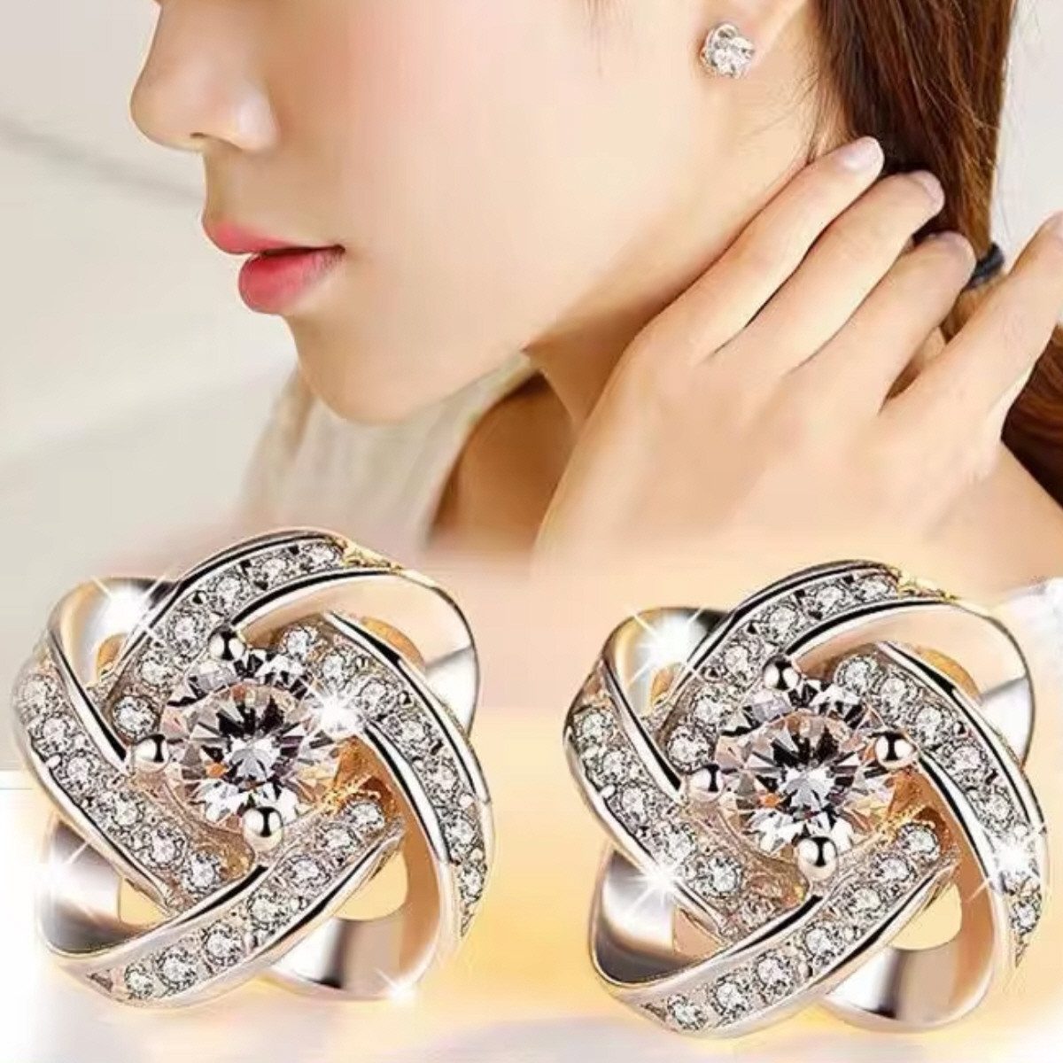 ELLAWIL Ohrring und Ketten Set Silberkette + Ohrringe dreifach Ring Anhänger Zirkonia Ohrstecker (Kettenlänge 40 cm verlängerbar um 5 cm, Sterling Silber 925), inklusive Geschenkschachtel
