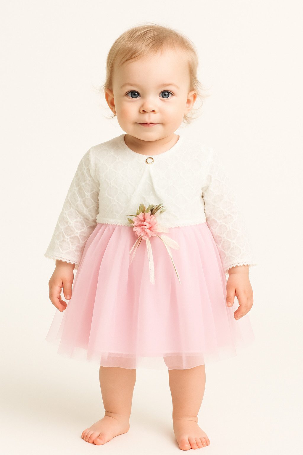 Lorey Medtec Taufkleid Prinzessin Kleid mit Jäckchen, Party Kleid 100% Baumwolle, Weiß/Rosa (Kleid + Jacke) Spitze, Tüll