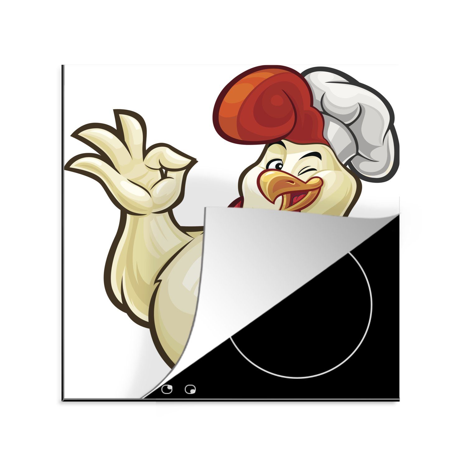 MuchoWow Herdblende-/Abdeckplatte Eine Illustration eines Huhns, das ein Koch ist, Vinyl, (1 tlg), 78x78 cm, Ceranfeldabdeckung, Arbeitsplatte für küche