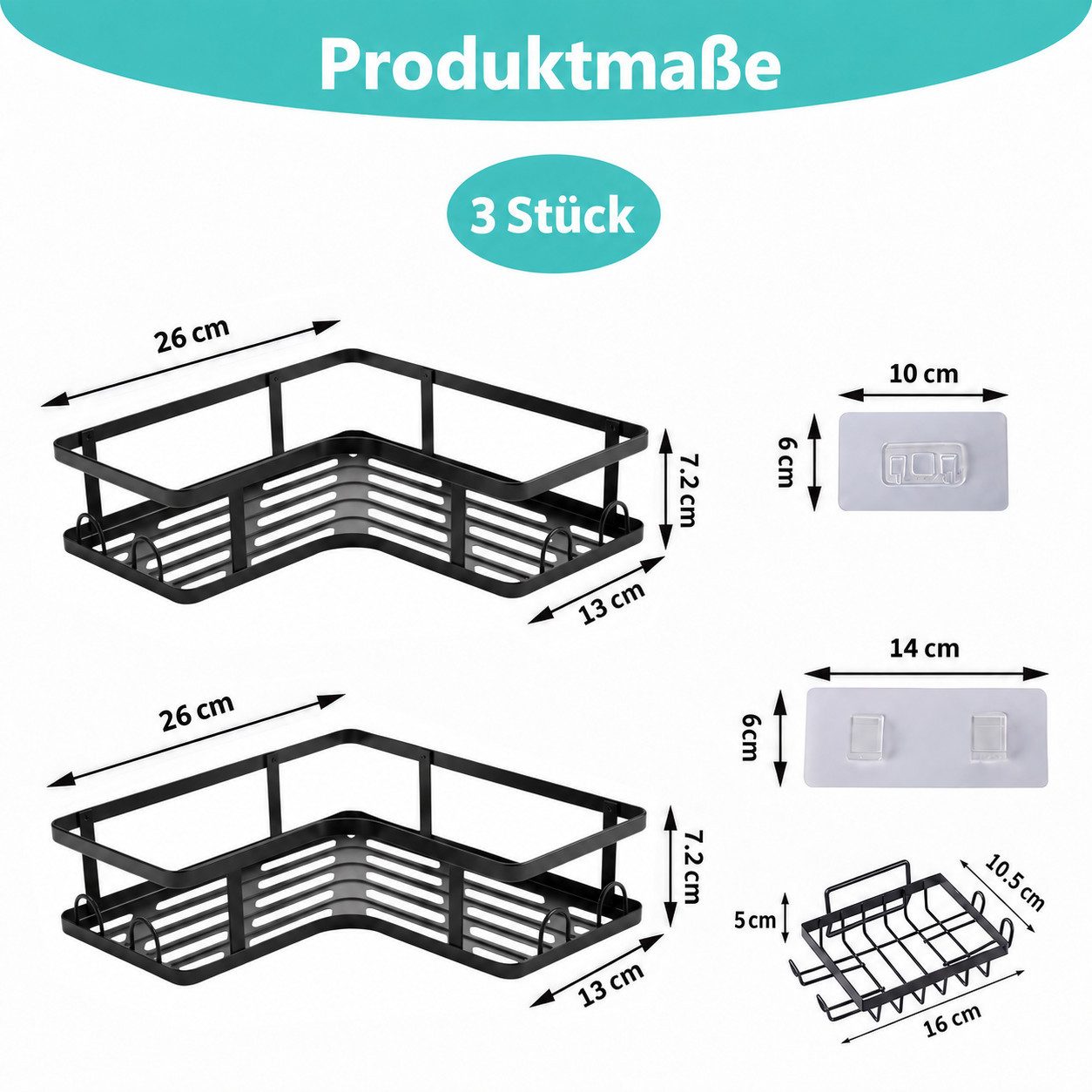 BlingBin Duschregal Ecke ohne Bohren Badezimmer Organizer, Badregal 3 Stück, Schwarz, 1er Set 1-tlg., Shampoo Halterung für Dusche, Duschkörbe & Duschablagen, S – Bild 2 von 5