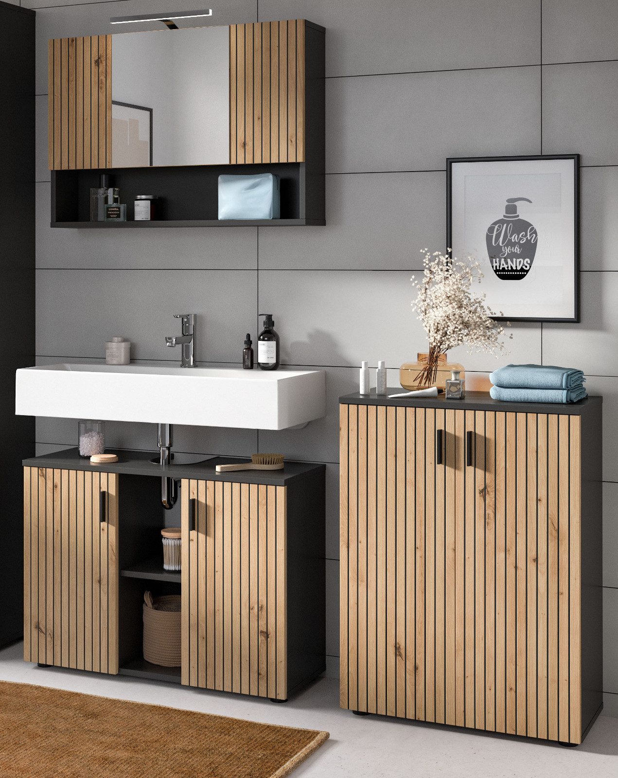 Inn.Furn Badmöbel-Set Livia, (Badezimmer in Eiche Artisan mit Rillen, Set 3 günstig online kaufen