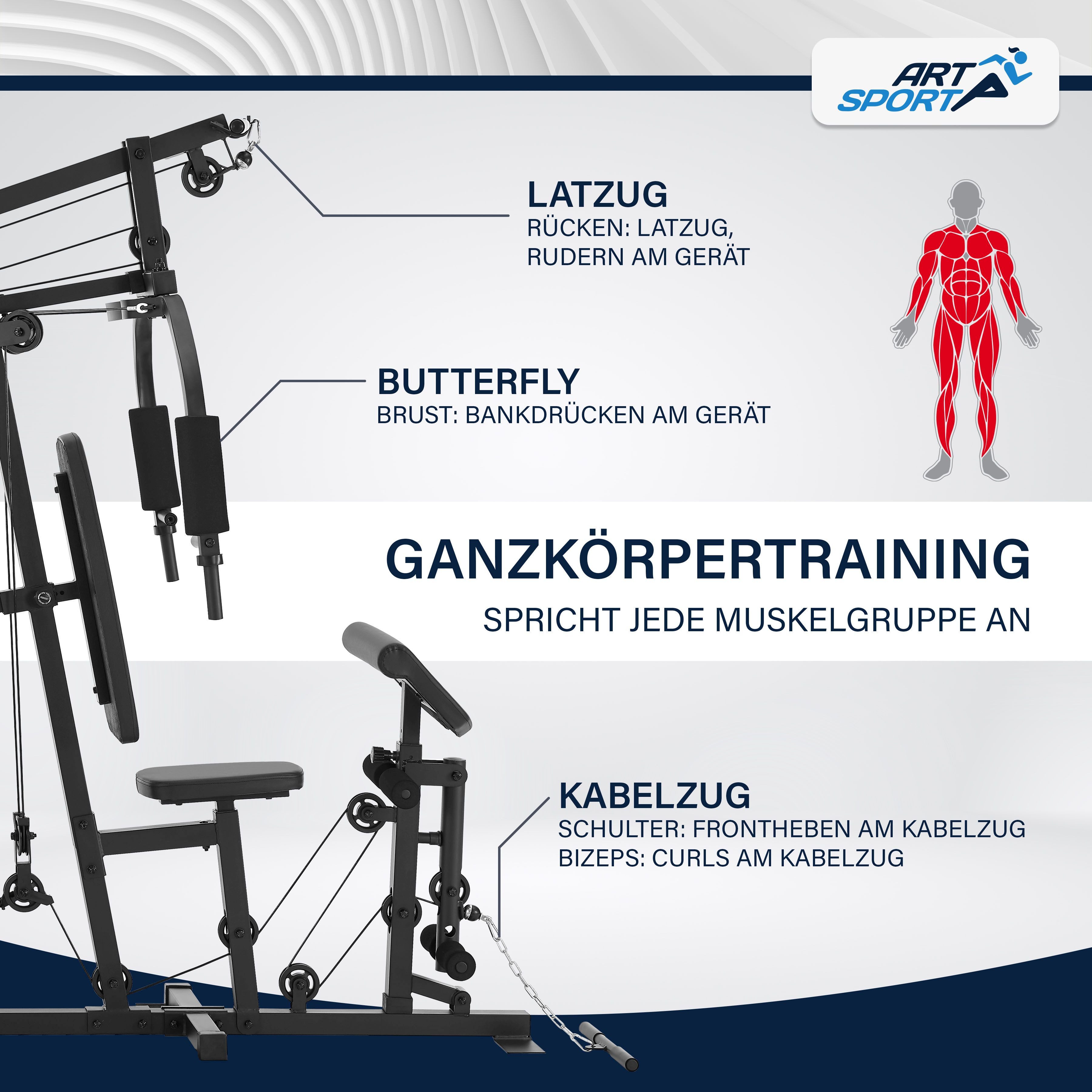 ArtSport Kraftstation ProfiGym 3000, 14 Gewichtsblöcke, mit 14 Gewichten, 77 kg - Bizeps, Lattzug, Butterfly & Beinpresse