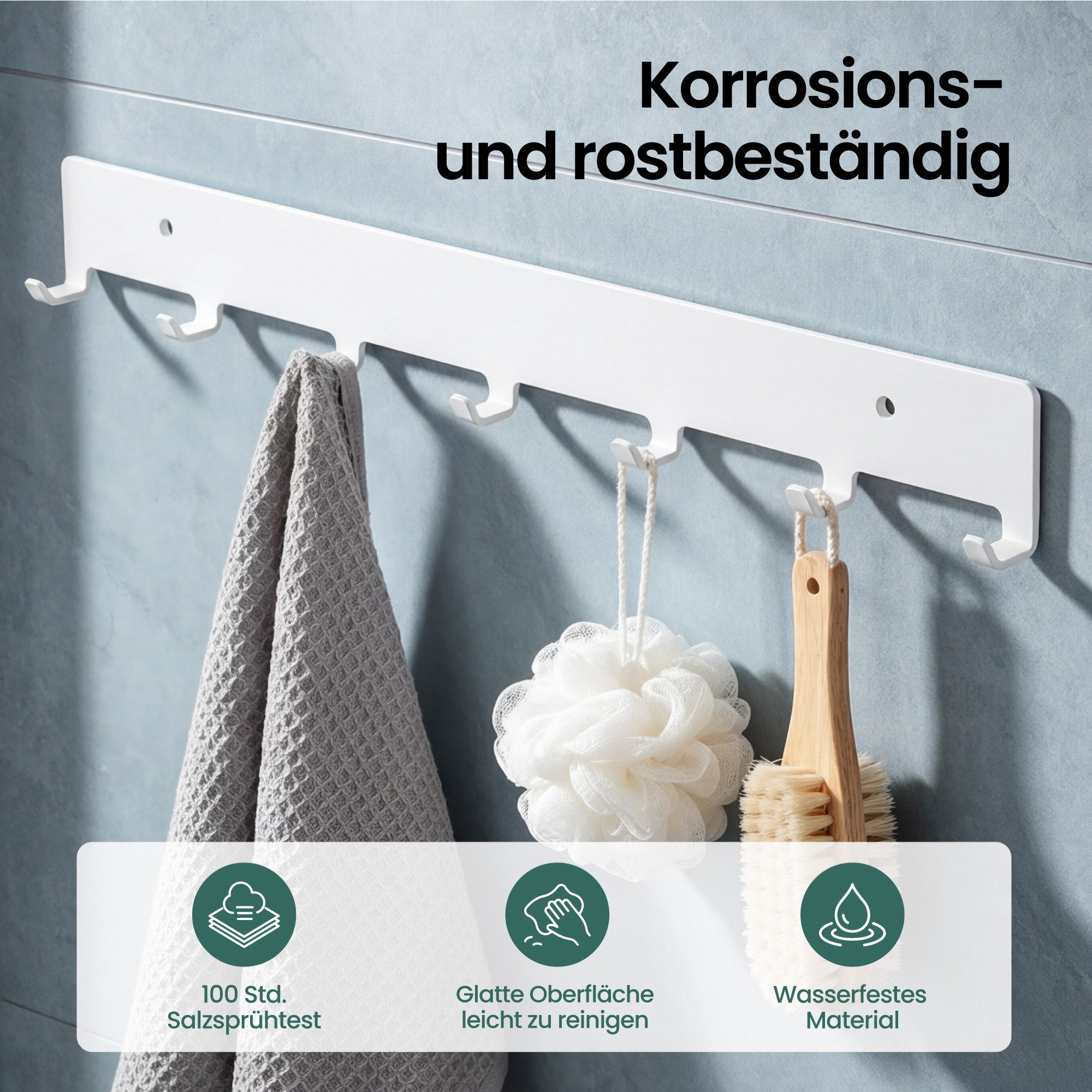 Mai & Mai Hakenleiste Wandhaken Garderobe 7 Haken Kleben Bohren Schwarz/Weiß 50cm Stalo-17, 135° Anti-Rutsch Haken,Kohlenstoffstahl,7 stabile Haken