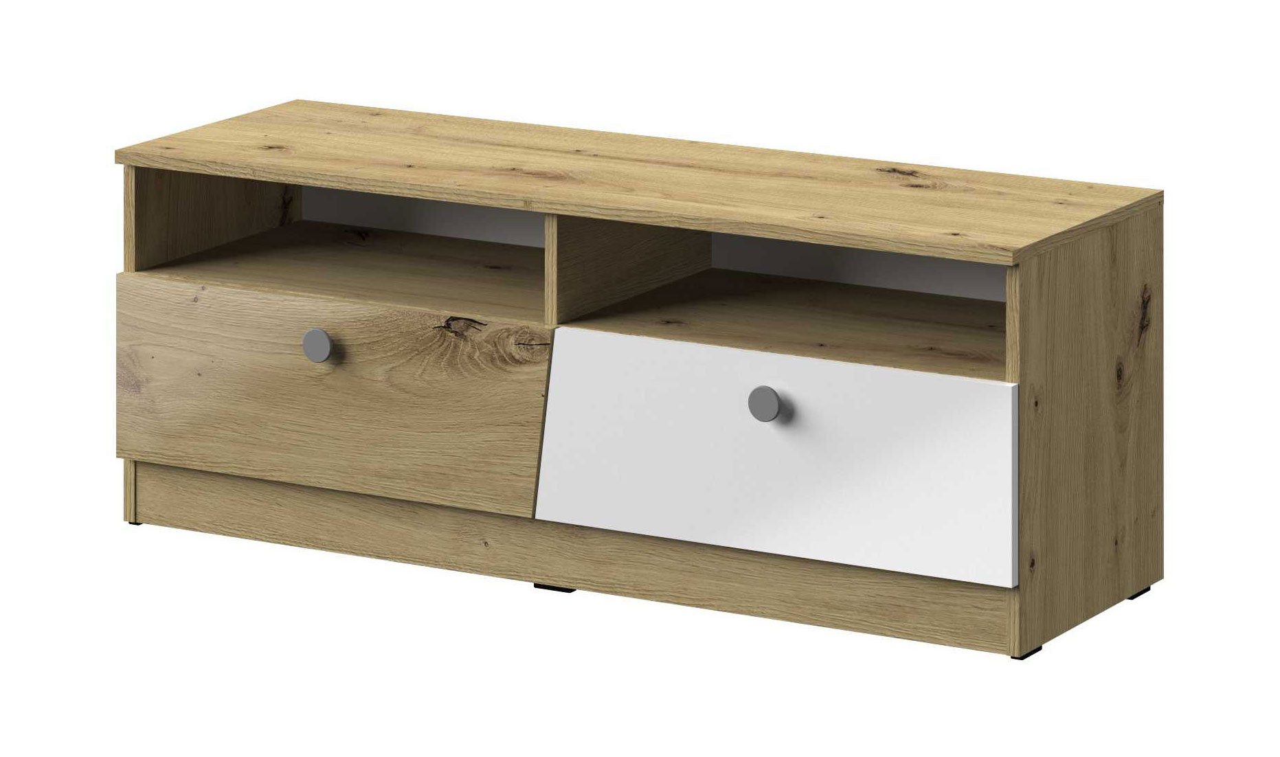 Feldmann-Wohnen Lowboard Nero (unten 2 Klappen, 1 St., oben 2 offene Fächer), 120x40x45cm Weiß-Hochglanz / Griffe Grau
