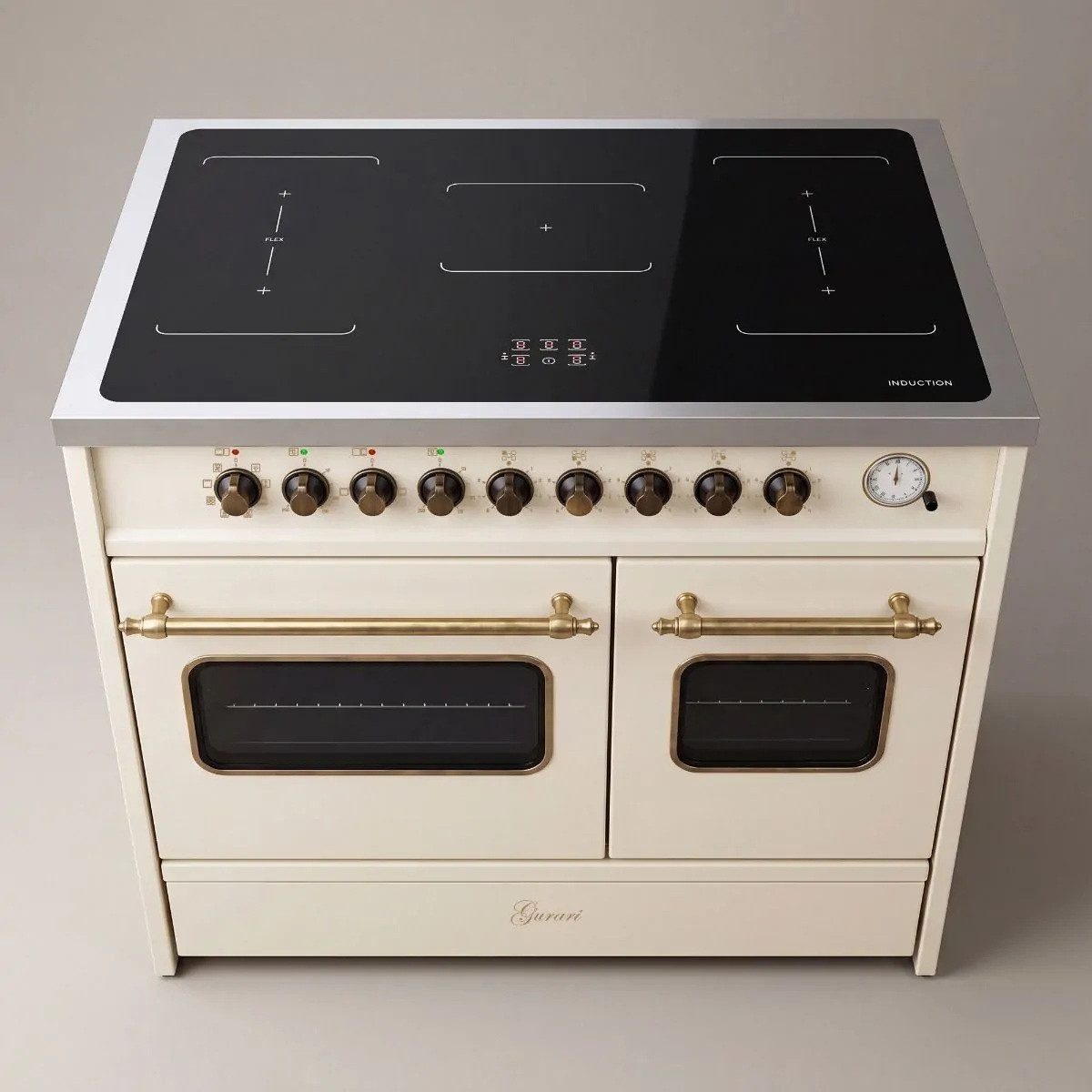 GURARI Induktions-Standherd Retro Elektro Standherd 90 cm, Range Coocker mit FLEX Induktion und 2 Backofen GCH E 913 DF CR., mit 1-fach-Teleskopauszug