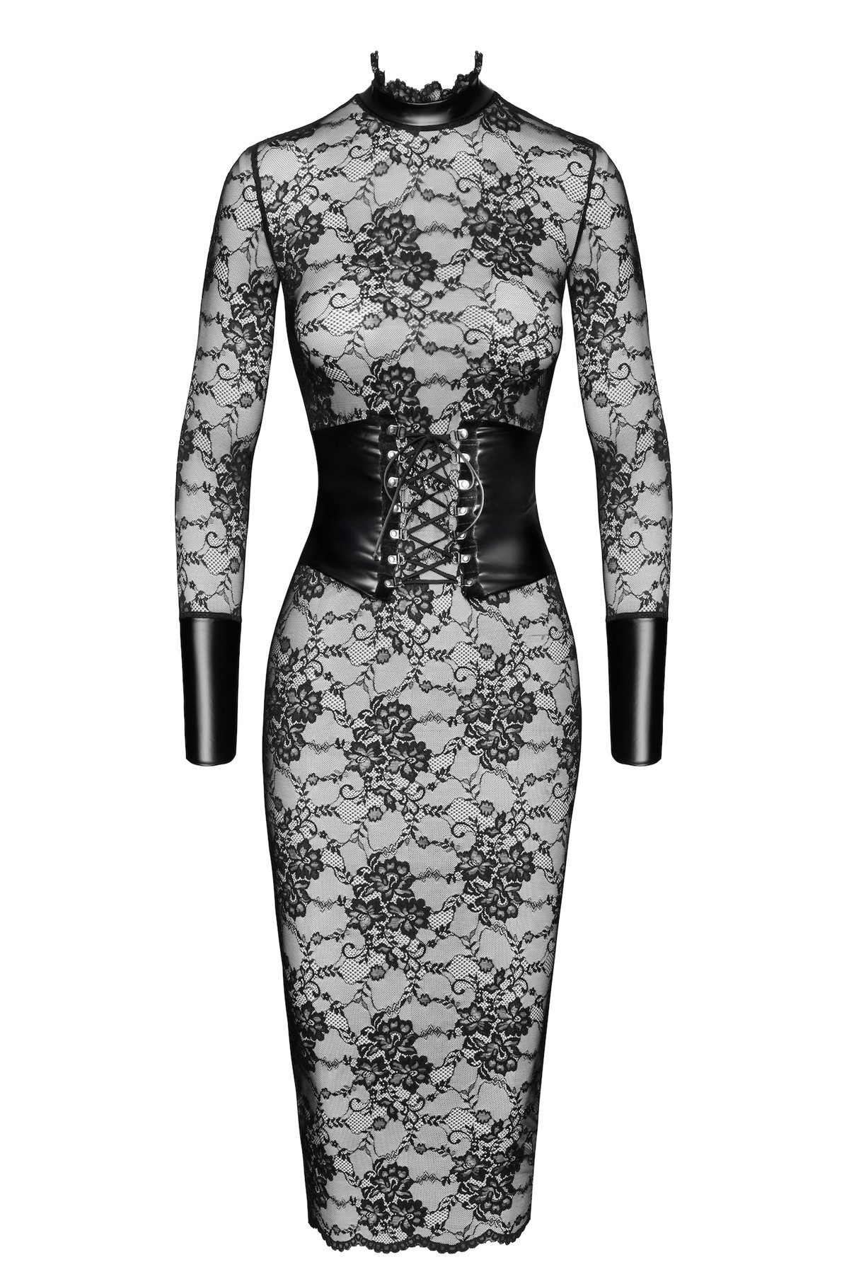 Noir Handmade Minikleid Damen Spitze Kleid schwarz mit langen Ärmeln und Wetlook Korsett skinn