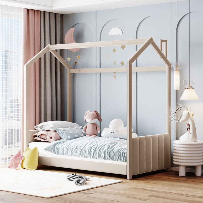 OKWISH Kinderbett Polsterbett Gästebett Bett (hautfreundlicher Samtstoff 90*200 cm, Hausbett mit Kopfteil, Fußteil, Lattenrost und Dach), ohne Matratze