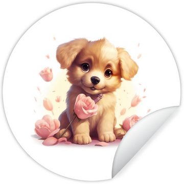 MuchoWow Wandsticker Hund - Blumen - Rosa - Mädchen - Kind (1 St), Tapetenkreis für Kinderzimmer, Tapetenaufkleber, Rund, Wohnzimmer