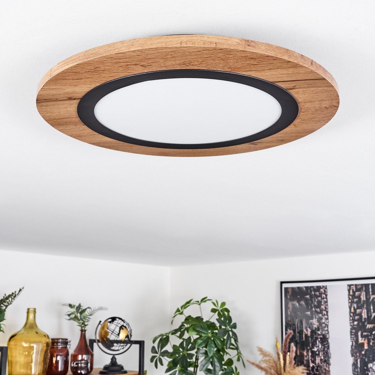 hofstein Deckenleuchte Deckenlampe aus Metall/MDF/Kunststoff in Schwarz/Holzoptik/Braun/Weiß, LED fest integriert, 3000 Kelvin, runde Leuchte (39,5 cm), 1350 Lu – Bild 2 von 5