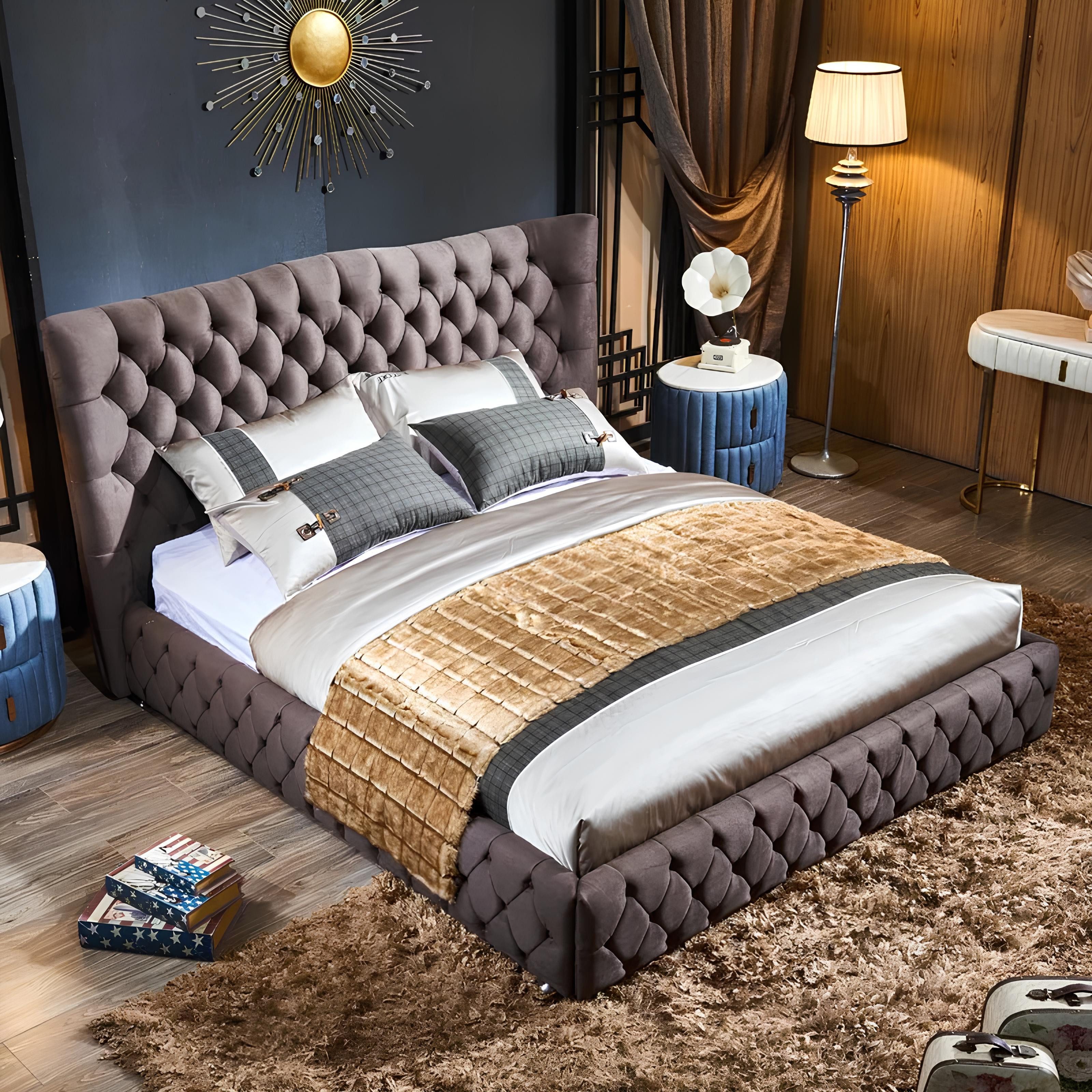 Xlmoebel Bett Chesterfield-Stil Bett mit großem Kopfteil und Ohren in grau (Chesterfield Bett 4062292302114), Hergestellt in Europa