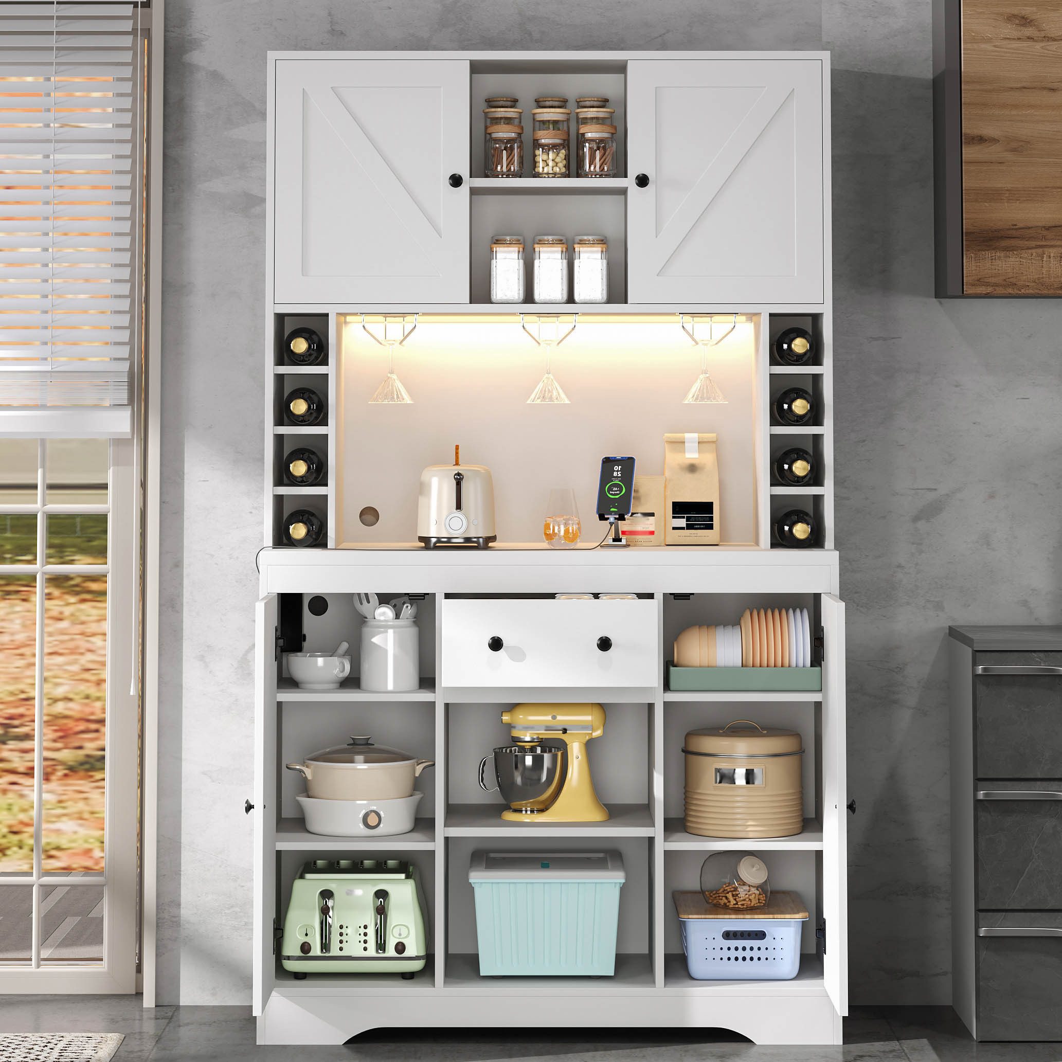 Celya Hochschrank Küchenschrank, Weinschrank mit LED-Beleuchtung (mit verstellbaren Einlegeböden, Schublade, Weinglashalt und Steckdosen) ideal für Küche, Esszimmer, Wohnzimmer oder Schlafzimmer.