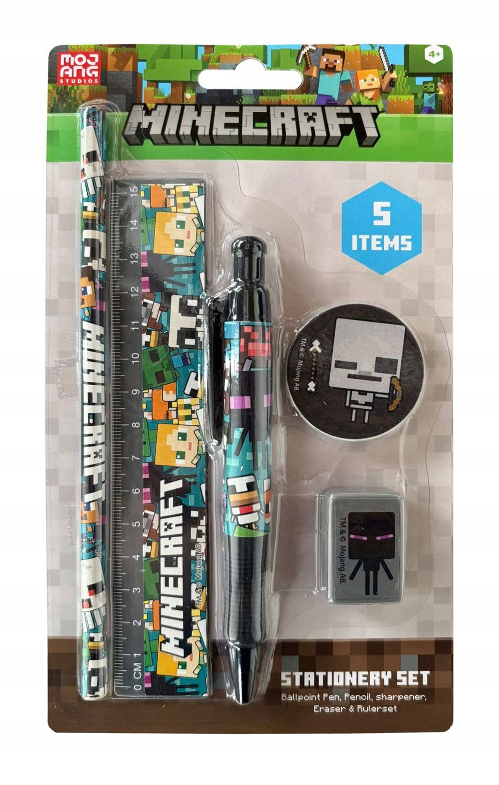 Pyramid International Kugelschreiber Minecraft Schreibset – Chibi Skeleton – 5-teilig, (1-tlg), Enthält Bleistift, Kugelschreiber, Lineal, Radiergummi und Anspitzer