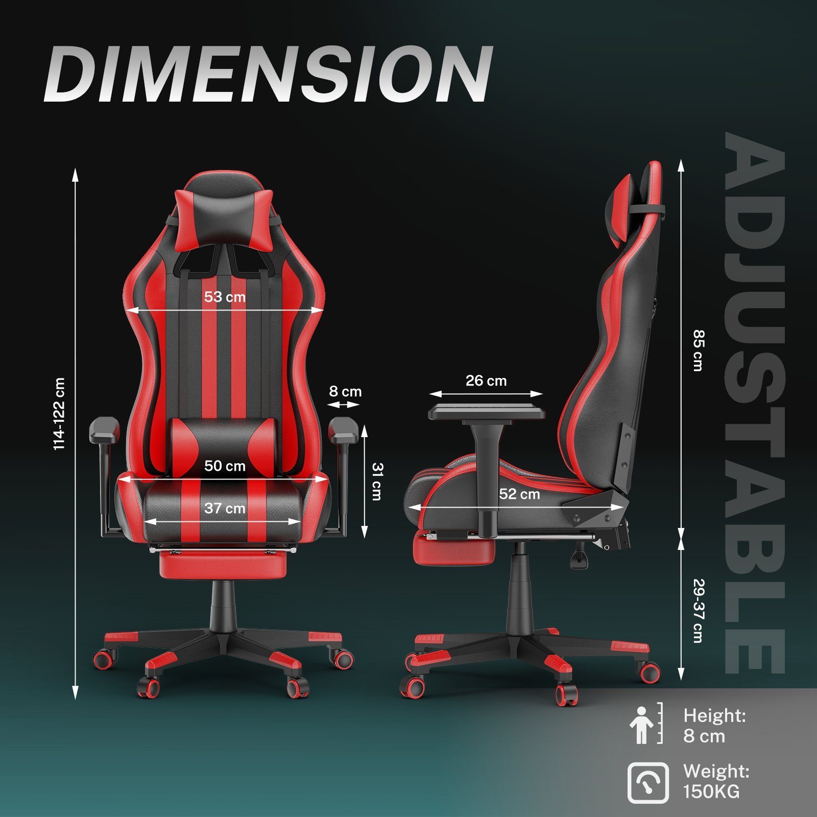 UISEBRT Gaming-Stuhl Kopfstütze, Schreibtischstuhl, Ergonomischer Bürostuhl Lendenkissen Massage mit Rot