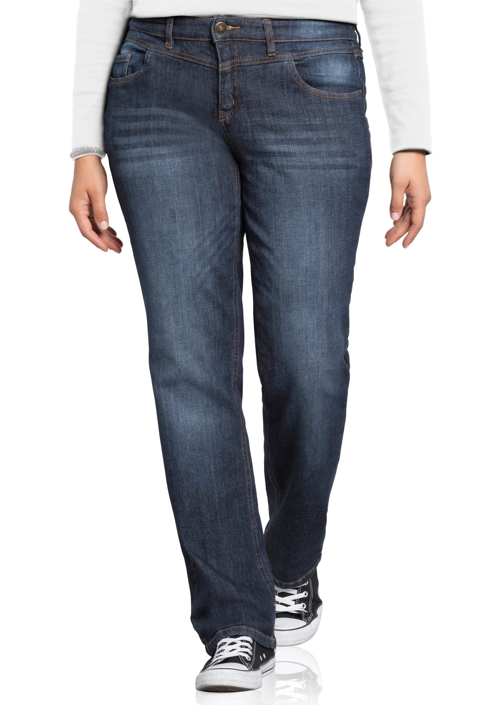 Sheego Bequeme Jeans Stretch-Jeans »Die Gerade« mit Used-Effekten
