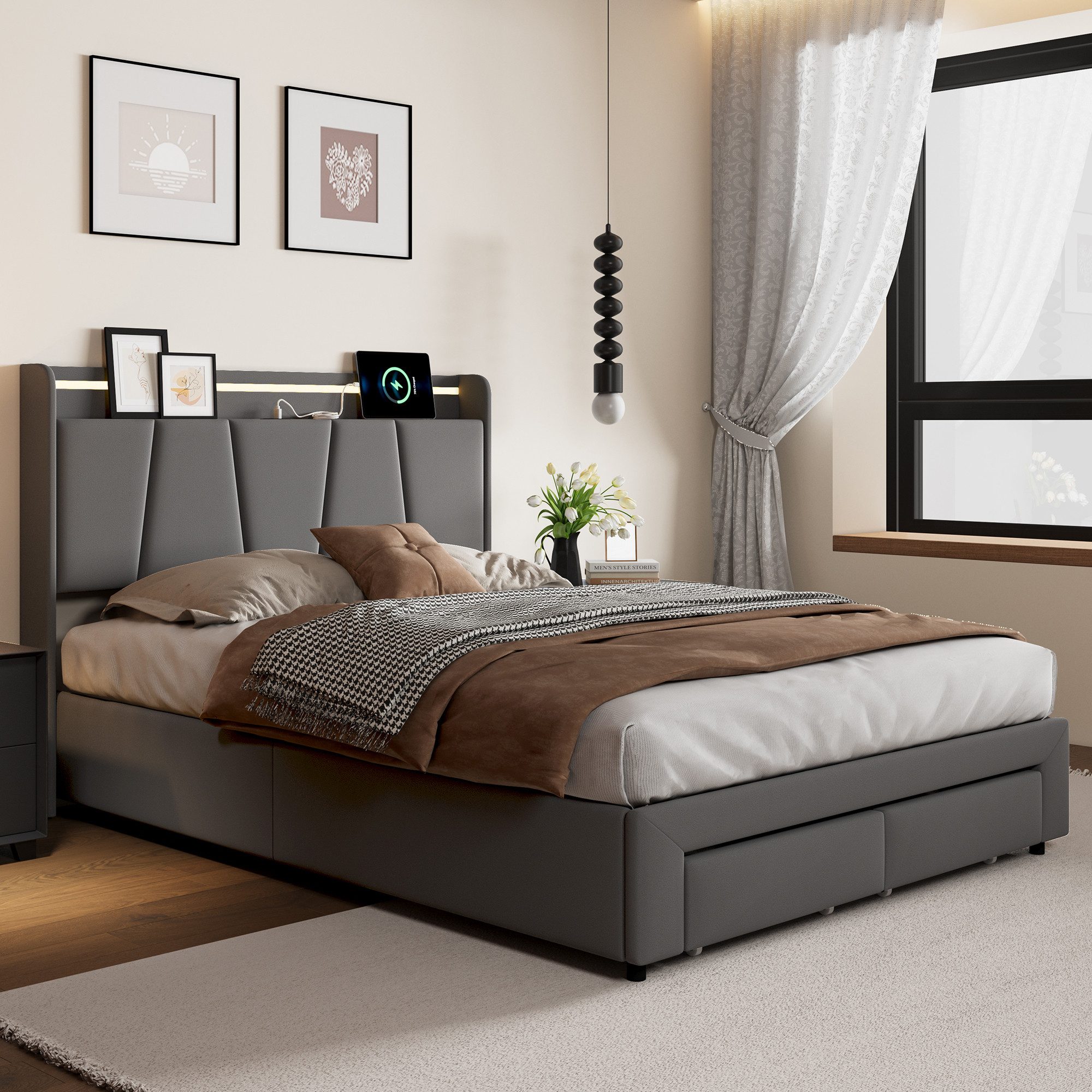 PXloue Stauraumbett Polsterbett mit Stauraum (Hochklappbares Bett 140x200 c günstig online kaufen