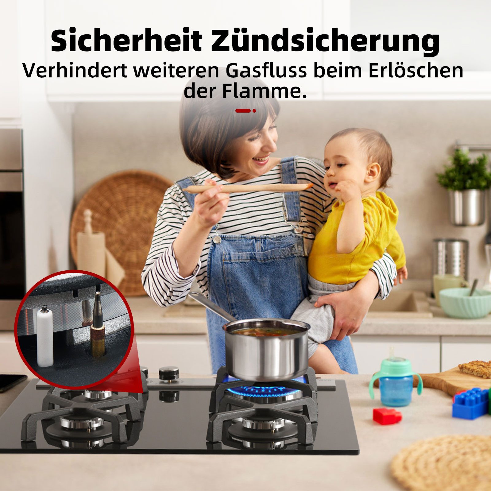 GASLAND Gas-Kochfeld Gas Kochfeld mit Wok Brenner, 60 cm Schwarz Glasherd, Butan Gas Kocher 8000 Watt, LPG/Erdgas