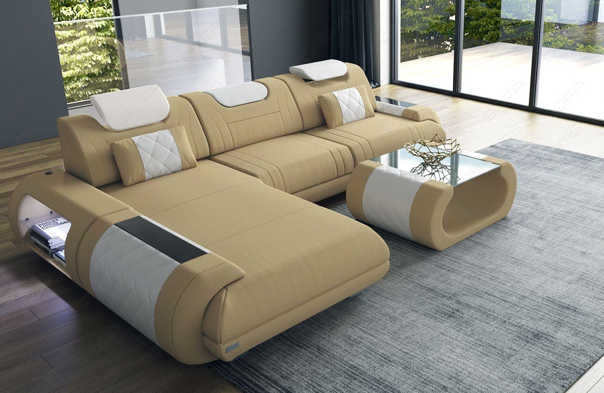 Sofa Dreams Ecksofa Polster Stoffsofa Rimini L Form M Mikrofaser Stoff Sofa, Couch wahlweise mit Bettfunktion beige-weiß | Ecksofas
