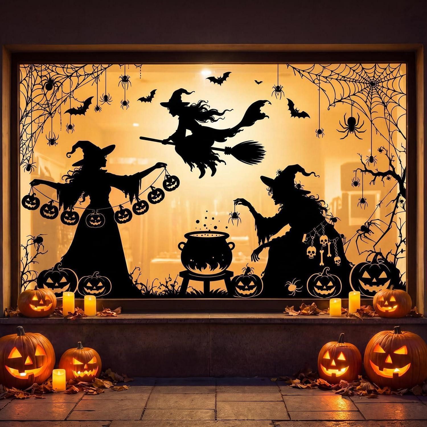 LuxusKollektion Fensterbild Halloween Fensterbilder Deko 5 Blätter, Hexe, Kürbis