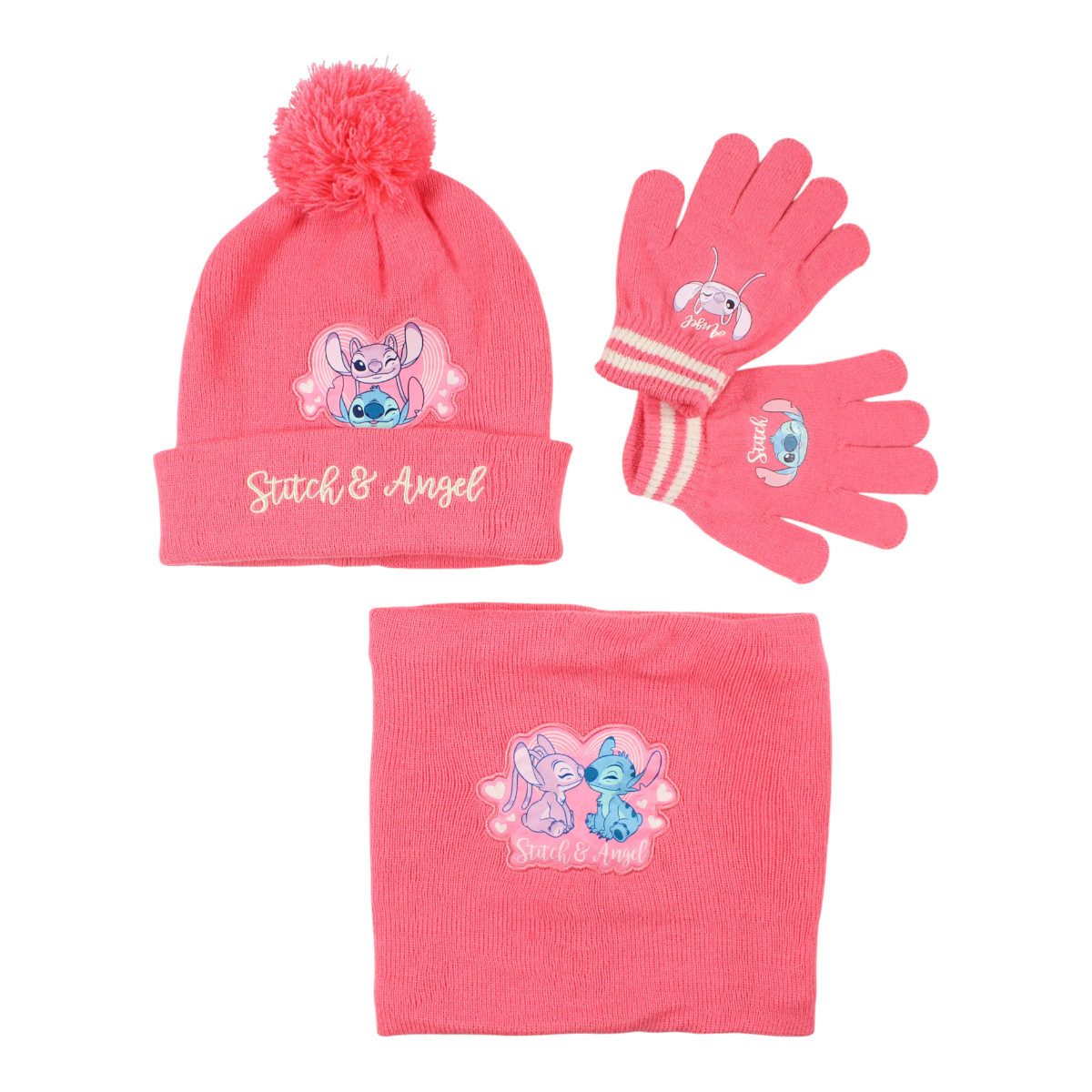 Disney Fleecemütze Disney Stitch Angel Set Kinder 3tlg Set Wintermütze Snood Handschuhe (Spar-Set, 3-St)