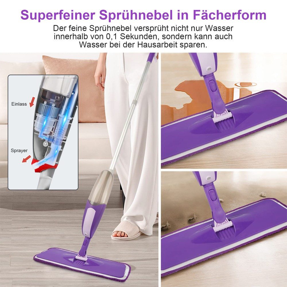 HUGERSTONE Sprühwischer Wischer mit Sprühfunktion, Sprühwischer Bodenwischer mit Wassertank (mit 3 Waschbaren Mikrofaser Pads für alle Böden) 360 Grad Rotierender Wischmopp Spray Mop Wischer Boden