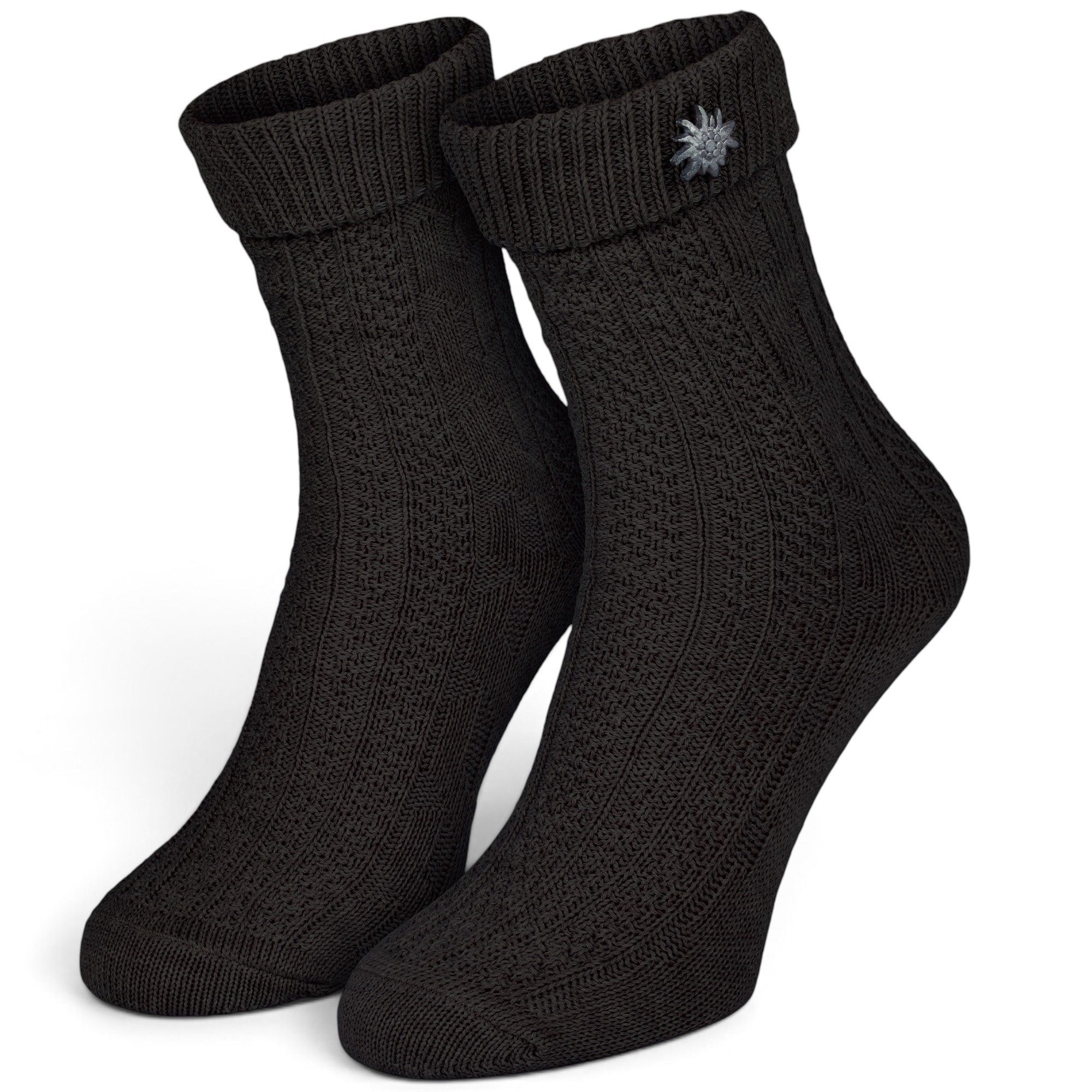 Black Snake Trachtensocken Oktoberfest-Schoppersocken mit Edelweiß-Pin & Zopfmuster, Damen/Herren (1-Paar, 1-Paar) Abnehmbarer Pin, weicher Umschlagbund, Baumwollmix, handgekettelt