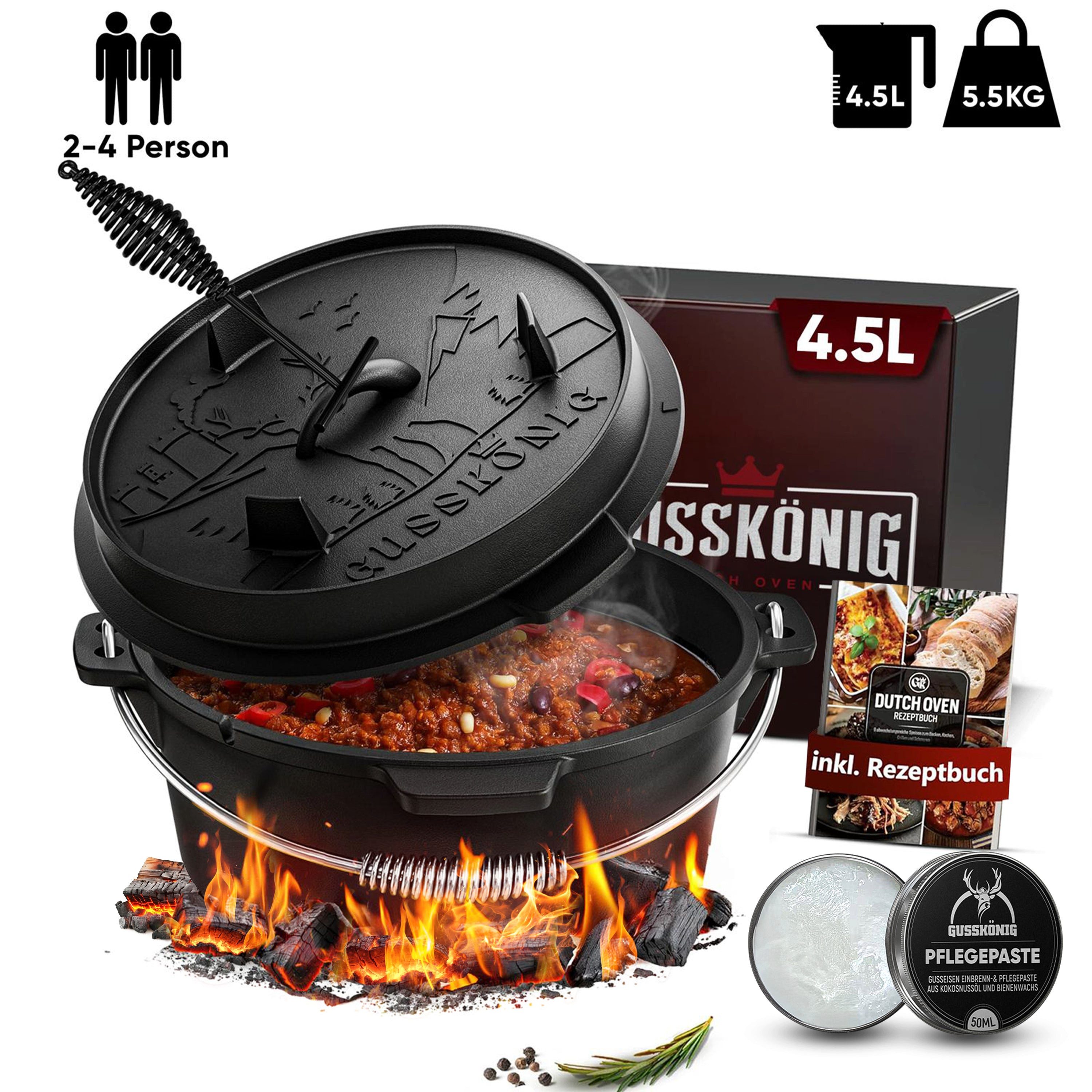 GUSSKÖNIG Schmortopf GUSSKÖNIG Dutch Oven Klassisch Topf mit Füßen 4,5L Set