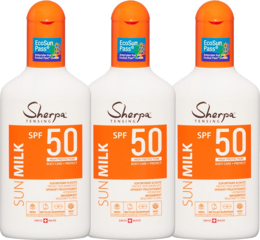 Sherpa Tensing Sonnenschutzcreme 3x175ml Sonnenmilch SPF 50, 3-tlg., Wasserfest, UVA/UVB Filtersystem, Spendet Feuchtigkeit, Vegan