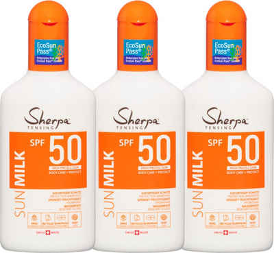 Sherpa Tensing Sonnenschutzcreme 3x175ml Sonnenmilch SPF 50, 3-tlg., Wasserfest, UVA/UVB Filtersystem, Spendet Feuchtigkeit, Vegan