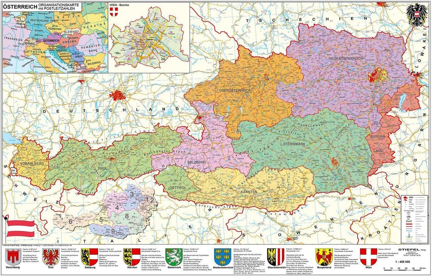 Österreich politisch - PLZ- und Organisationskarte / Heinrich Stiefel