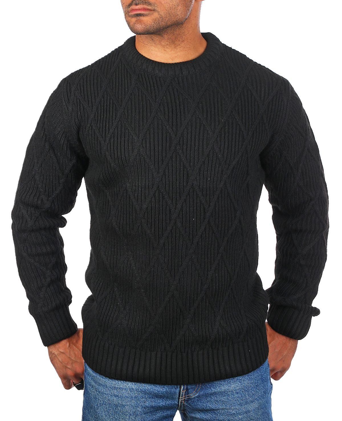 Strickpullover Herren mit Rauten Karo retro Strickmuster Uni Rundhals 7824